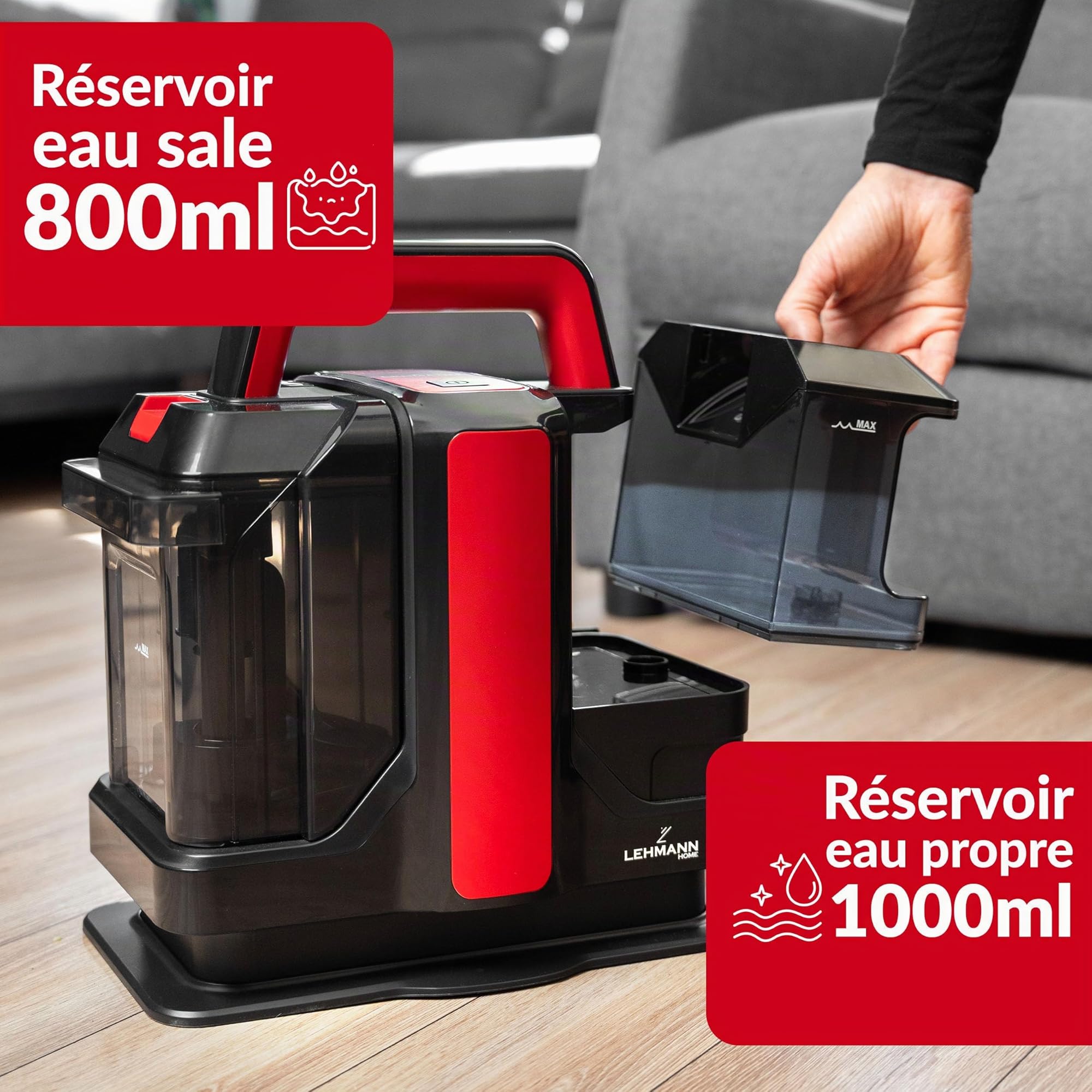 LEHMANN EasyWash Shampouineuse Canapé 2 en 1, Nettoyage Puissant pour Taches Résistantes, Doppio Serbatoio, Nettoyeur Canapé, Tapis, Voiture, Moquettes, Tissus, Design Compact et Portable, 750 W