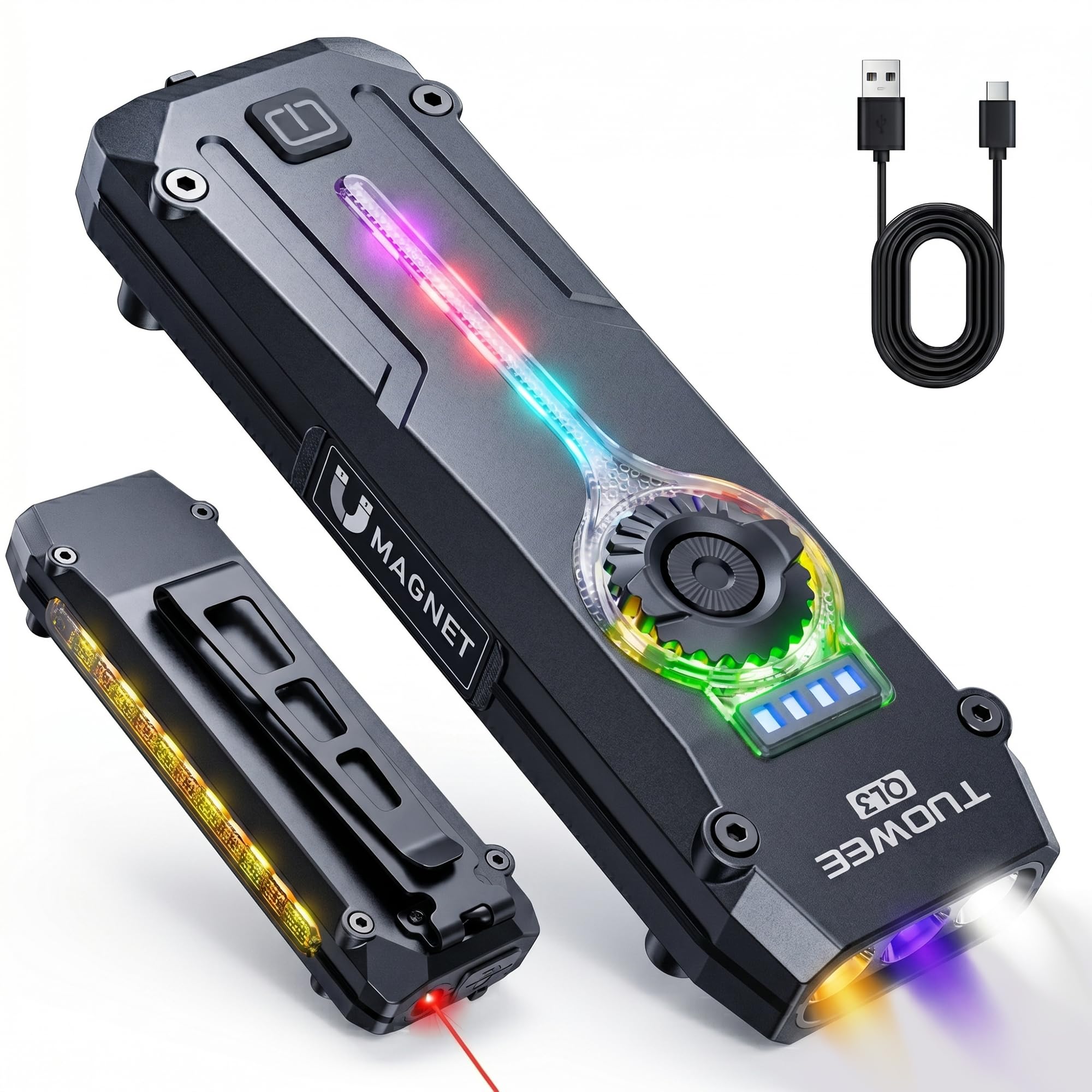 TUOWEE UV LED Torch Rechargeable 1200LM Flat Pocket Torch with RGB, Magnetic Base Powerful Small Torch with Dual Switch,Stepless Dimming,USB-C Waterproof Work Flash Light for Work,Home,Emergencies