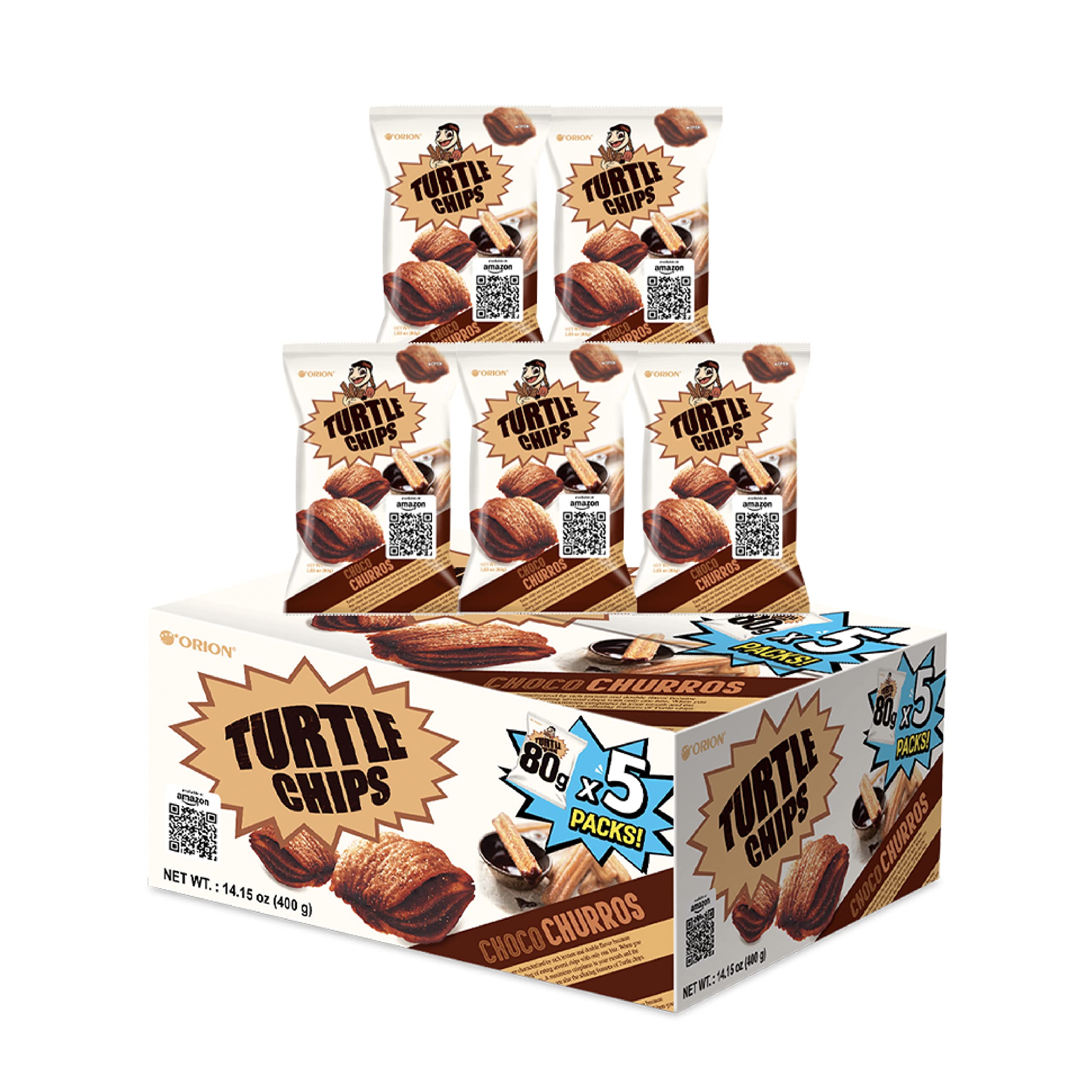Orion Turtle Chips Choco Churros Flavor, Korean Chips, Sweet Chocolate Crunchy Sugar, Four Layered Snack, 2.83oz (80g) X 5 packs - 