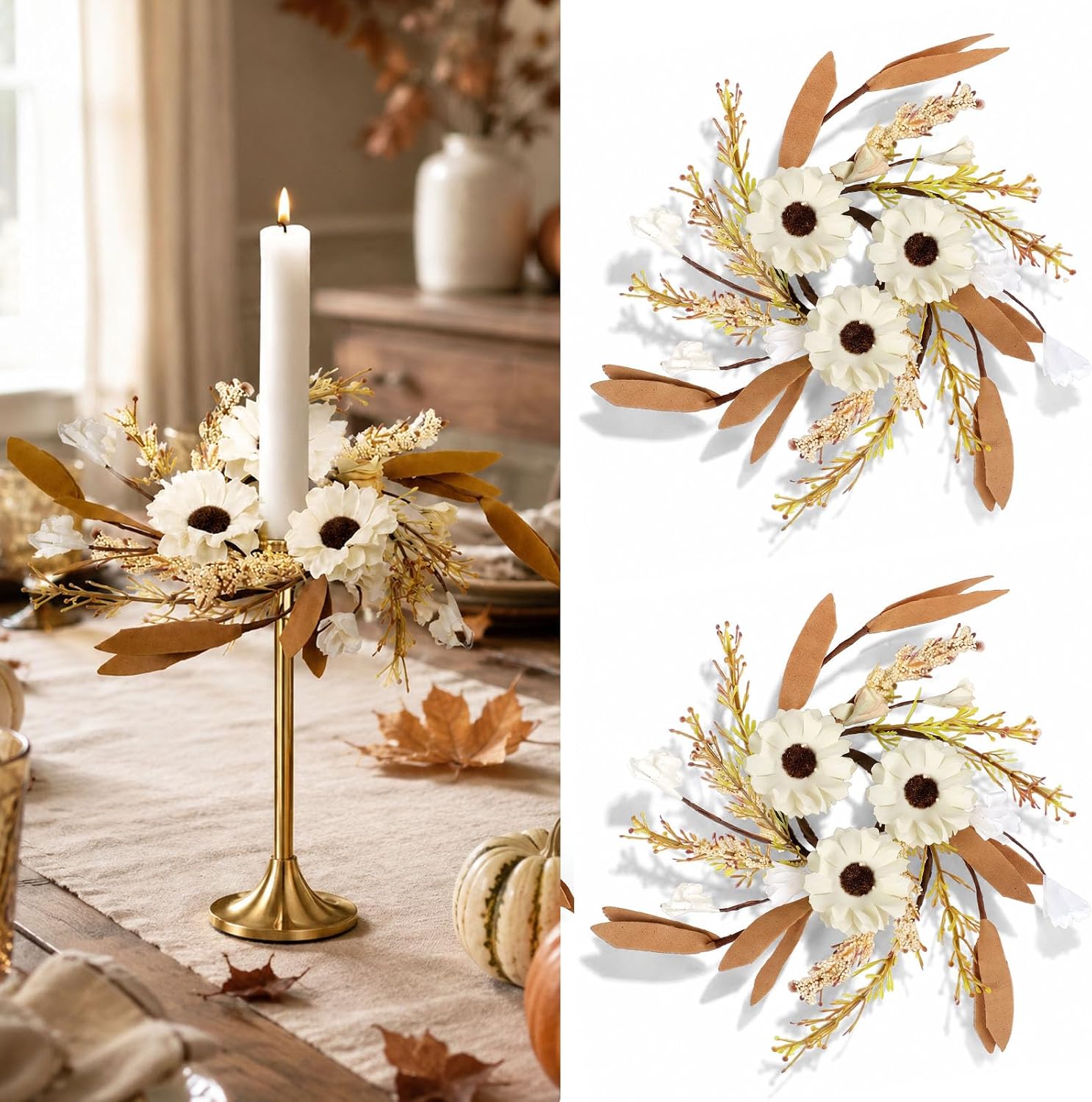 2 PCS 1.38" Mini Fall Boho Taper Candle Rings Floral Candle Holder Wreaths