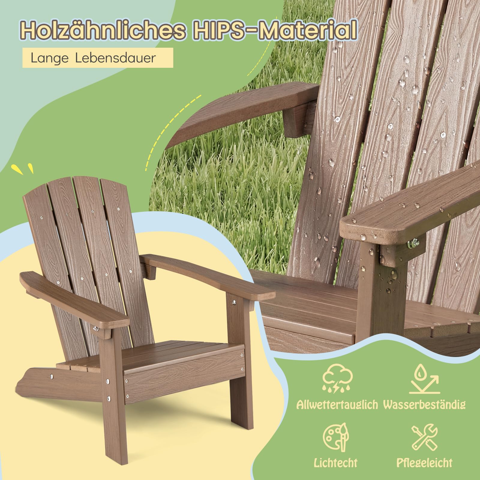 COSTWAY Adirondack Stuhl Kinder, Adirondack Chair wetterfest aus HIPS, Gartenstuhl mit ergonomischer Rückenlehne & Armlehnen, Outdoor-Stuhl für Jungen & Mädchen ab 3 Jahren (Braun)
