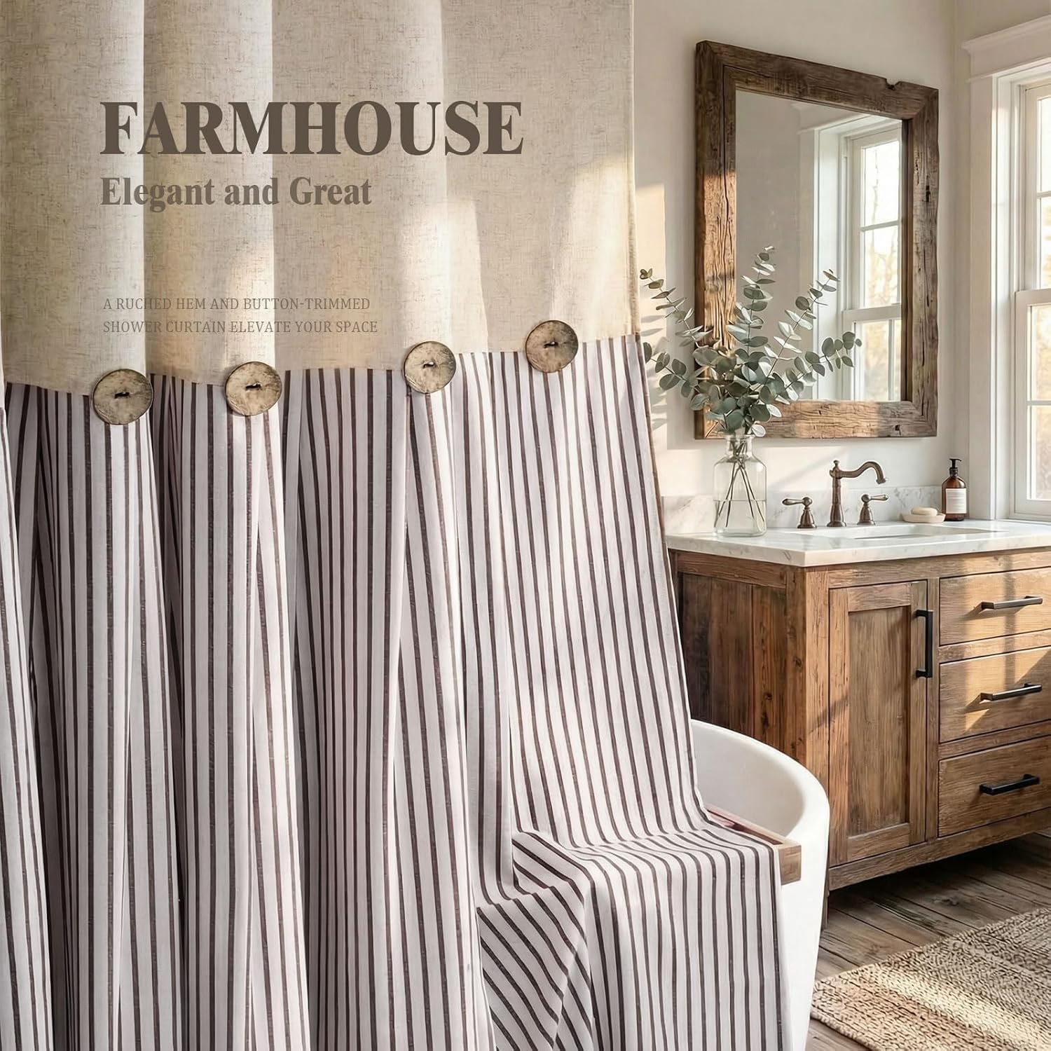 Farmhouse Shower Curtain Linen Beige Button Woven Fabric Country Rustic Western, Pleated Brown Stripe 72" W x 96" L