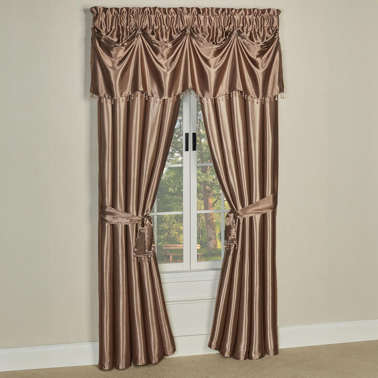 Touch of Class Portia Luxury Window Treatment | Rich Smoky Topaz | Premier Smooth Polyester Satin Elegant 2 Piece Window Drapery Set with Tuck Valance and 84 Inch Long Curtain Pair