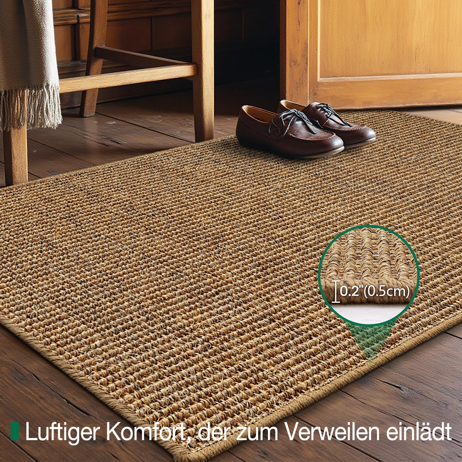 LUMI Sisal Fußmatte Innen 60x90 cm, Handgewebt, rutschfest, Braun | Handgefertigte Natur-Sisalfasern, Verstärkte Kanten, Ausfransschutz,5mm Flachprofil, Punktbeschichtete Rutschfeste Rückseite
