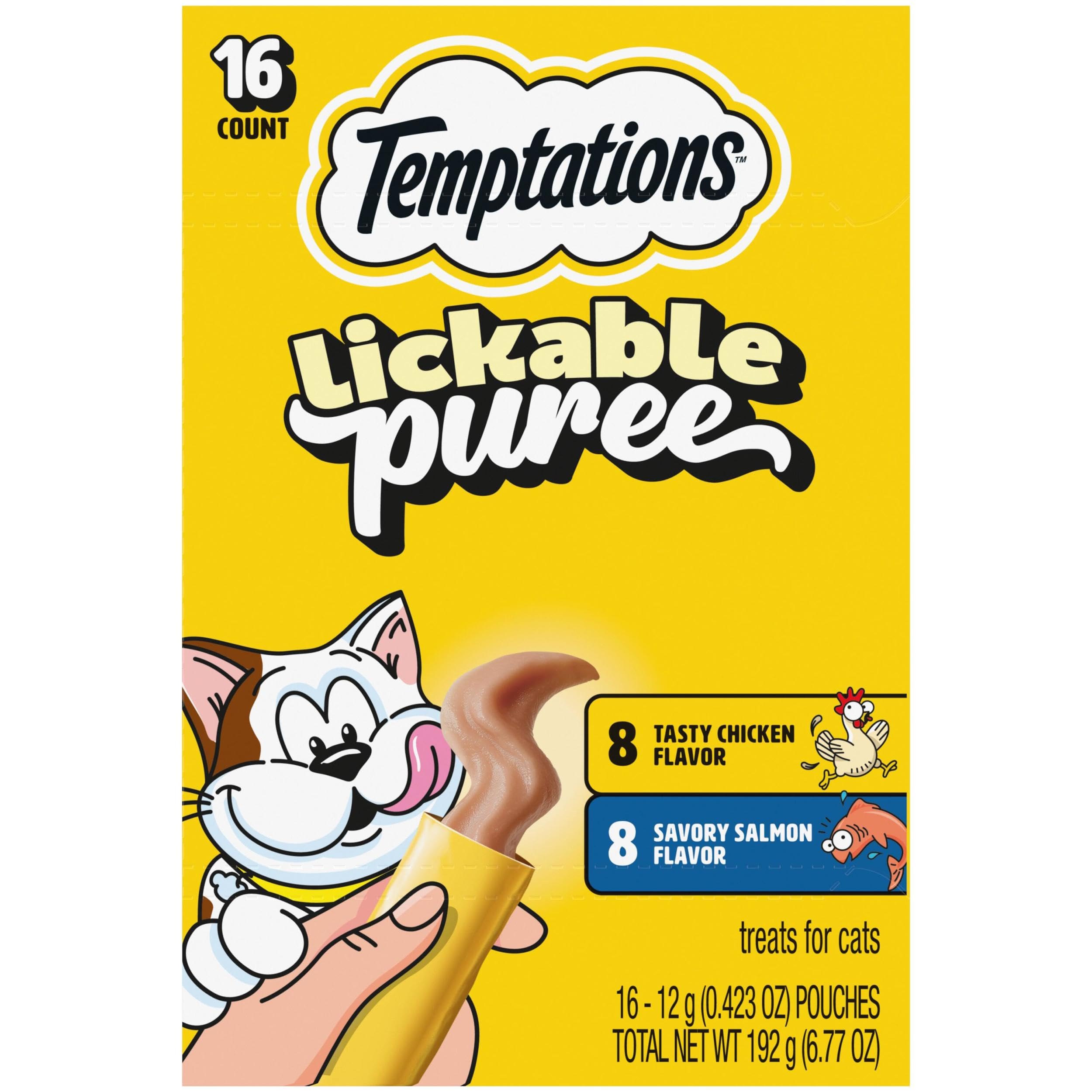 Temptations Creamy Puree Squeezable Lickable Cat Treats, Wet Cat Treats with Salmon and Chicken Variety Pack, 0.42 oz. Tubes, 16 Count
