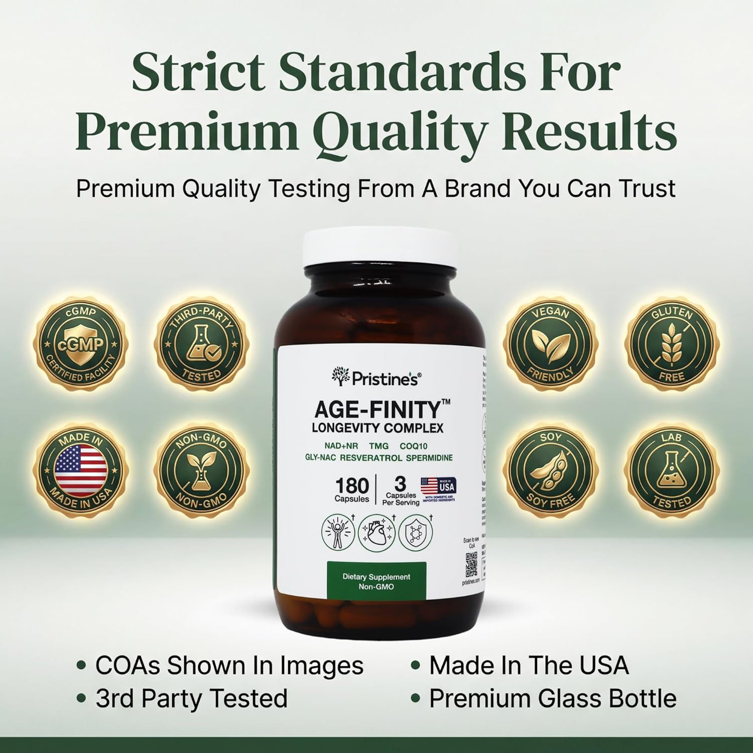 Age Finity NAD & NR Cellular Optimzation Mitochondrial Supplement - NAD, Nicotinamide Riboside, TMG, CoQ10, GlyNAC, Resveratrol, Spermidine - Cellular Longevity - 3rd Party Tested Glass Bottle