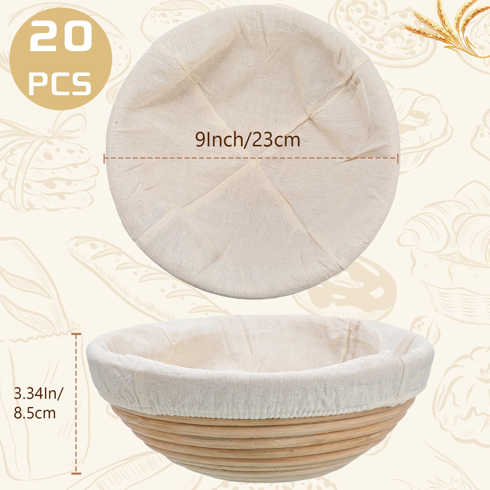 Gejoy Juego de 20 cestas a prueba de pan a granel de 9 pulgadas de forma redonda Banneton para masa con forro de tela, cesta de prueba de masa madre para el hogar, suministros de panadería de masa