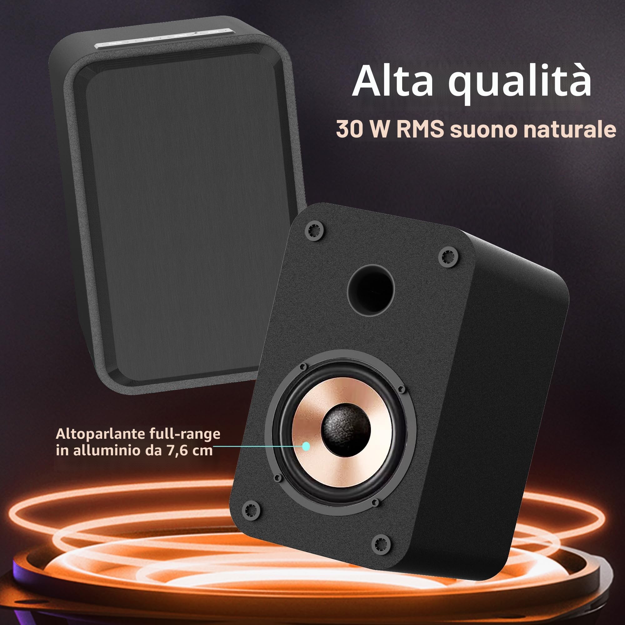 LONPOO LP-42s Diffusori attivi da scaffale, Mini altoparlanti per PC da 30W RMS con connettività Bluetooth, USB, AUX-in, uscita per auricolari, uscite da 3 pollici Woofer