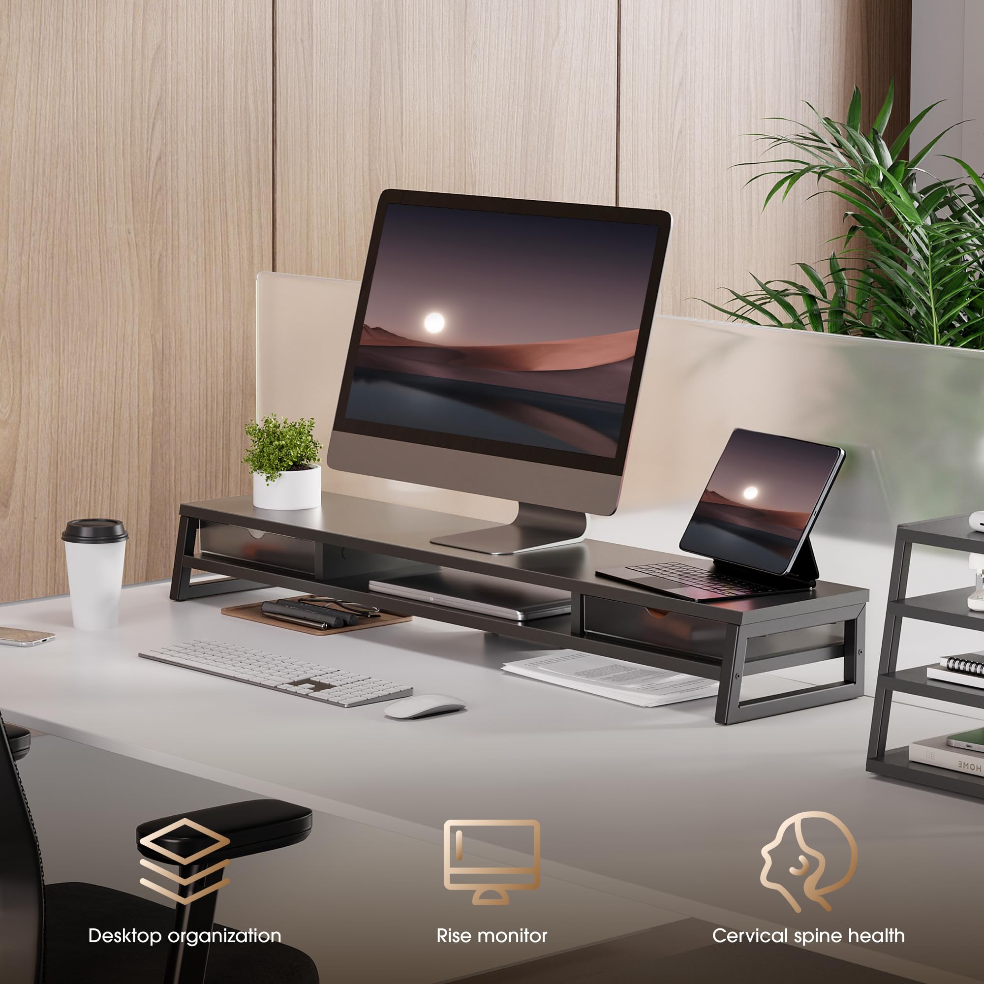 Fenge Dual Monitor Stander Riser Con 2 Cajones de Acrílico, 2 Pisos 108cm Pantalla de Ordenador para PC/Portátil/Fax/Impresora/Pantalla de TV, Capacidad de carga 45KG (Negro)