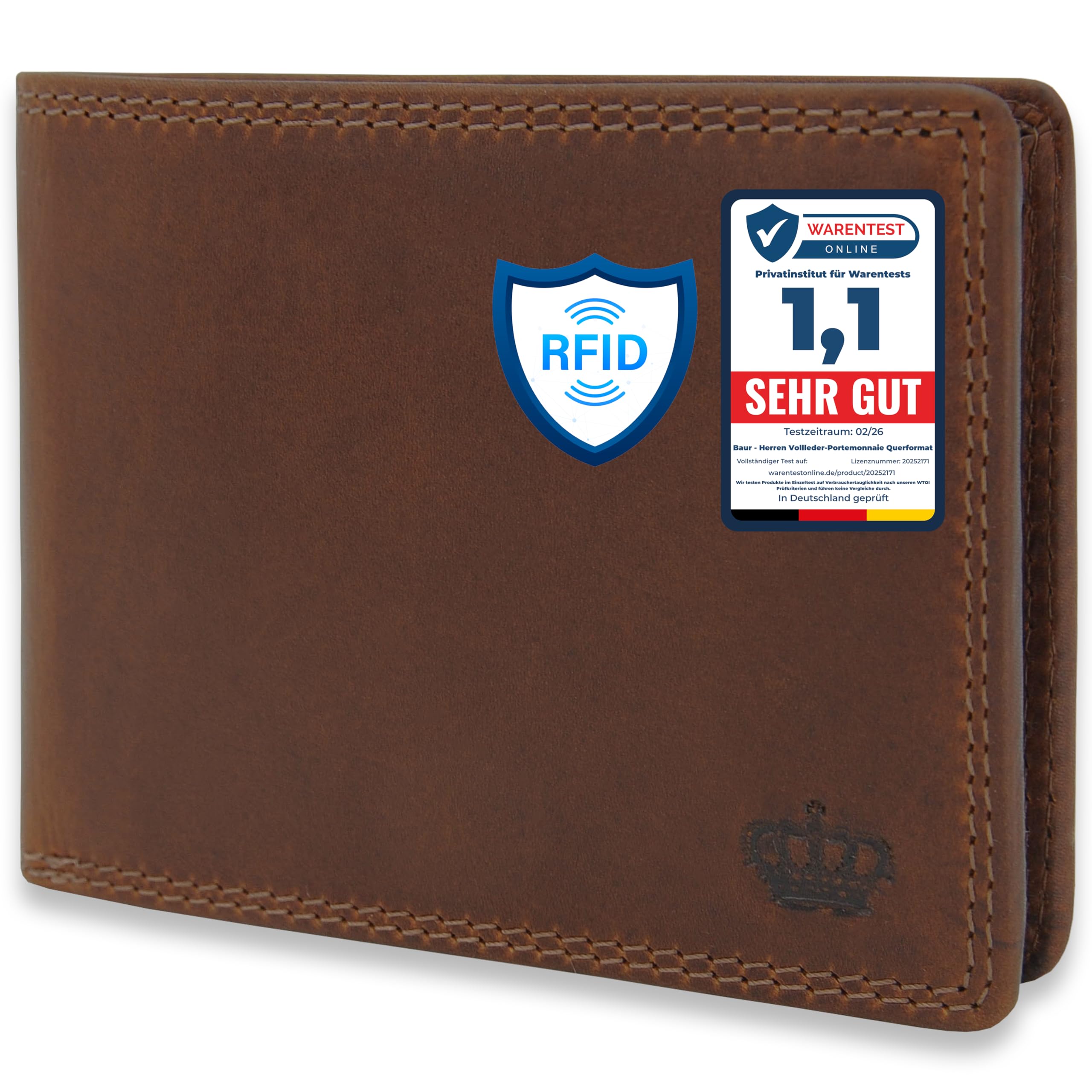 Baur portafoglio da uomo – vera pelle con protezione RFID – portafoglio in pelle orizzontale con 9 scomparti carte e scomparto monete (Formato orizzontale con bottone interno, Marrone scuro)