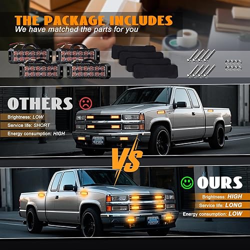 Miniatura 5 de 4 Luces Estroboscópicas Ámbar para Camiones, Función de Sincronización Luces LED Estroboscópicas de Emergencia para Parrilla 12-24V Montaje en