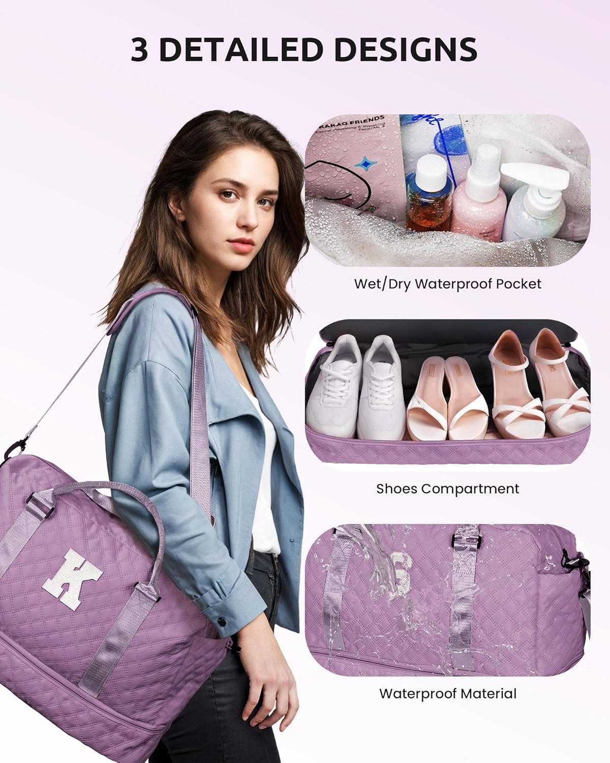 Girl Duffle Bag with Shoe Compartment, Tween Weekend Duffle Bag, Monogram Overnight Bag for Women with Trolley Sleeve & Wet Pocket, Letter Kids Travel Bag with Makeup Bag (Letter K) - Image 7