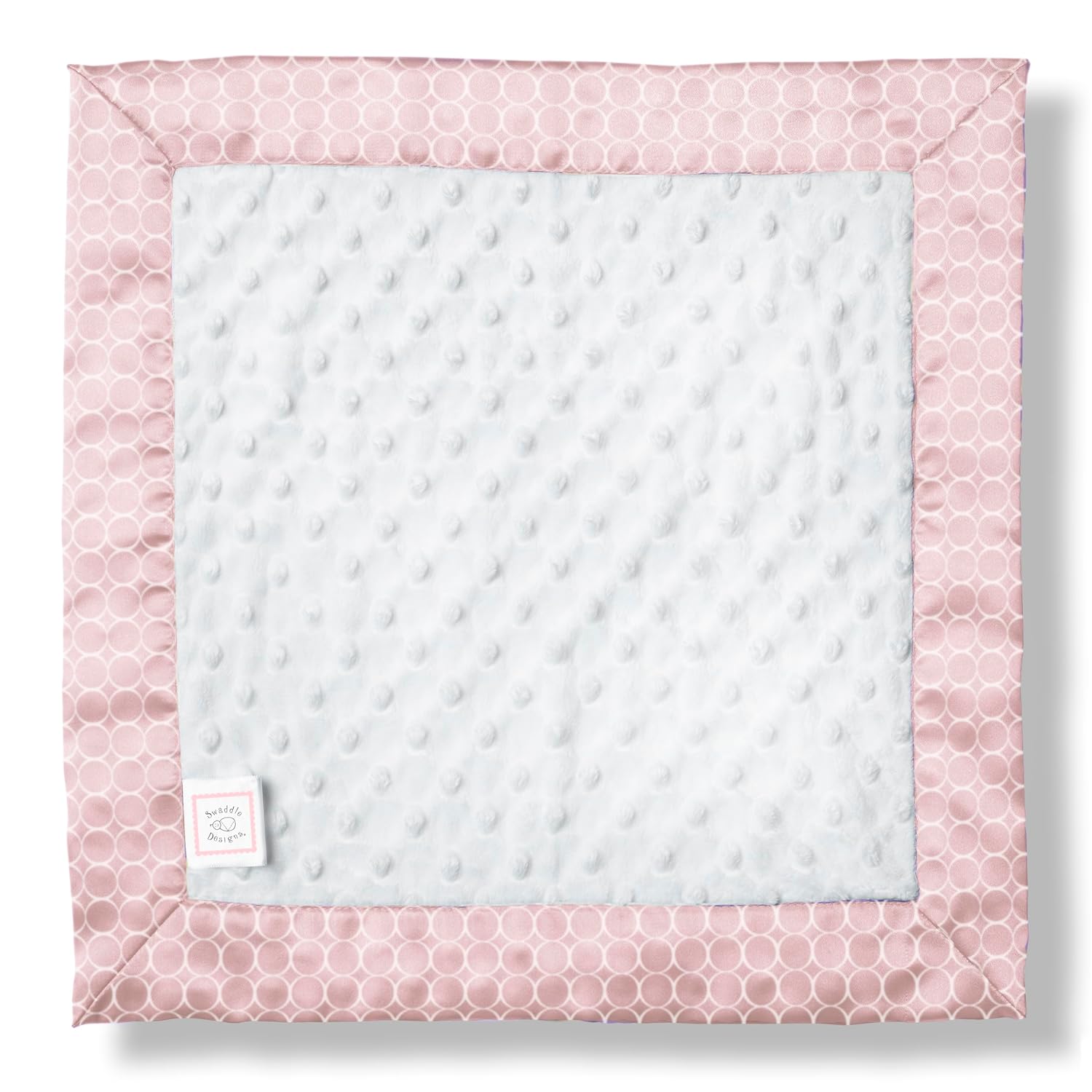 SwaddleDesigns Baby Lovie, Small Security Blanket, Plush Dots with Satin Trim, White Mini Mod Circles on Pastel Pink, 14 x 14 inches (36 x 36 cm)