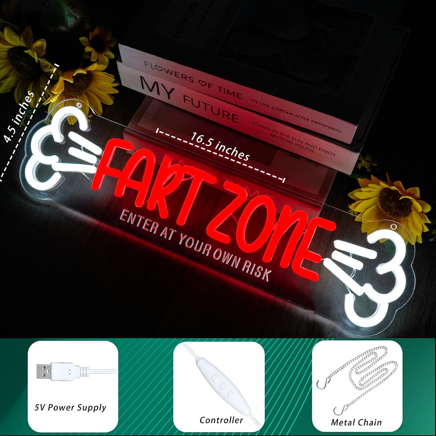 Fart Zone Neon Sign Enter At Your Own Risk, LED Lighted Funny Bathroom Game Room Wall Decor for Man Cave Garage Bar, USB Powered Glowing Sign, Cool Gag Gift for Men Him(16.5 * 4.4inch)