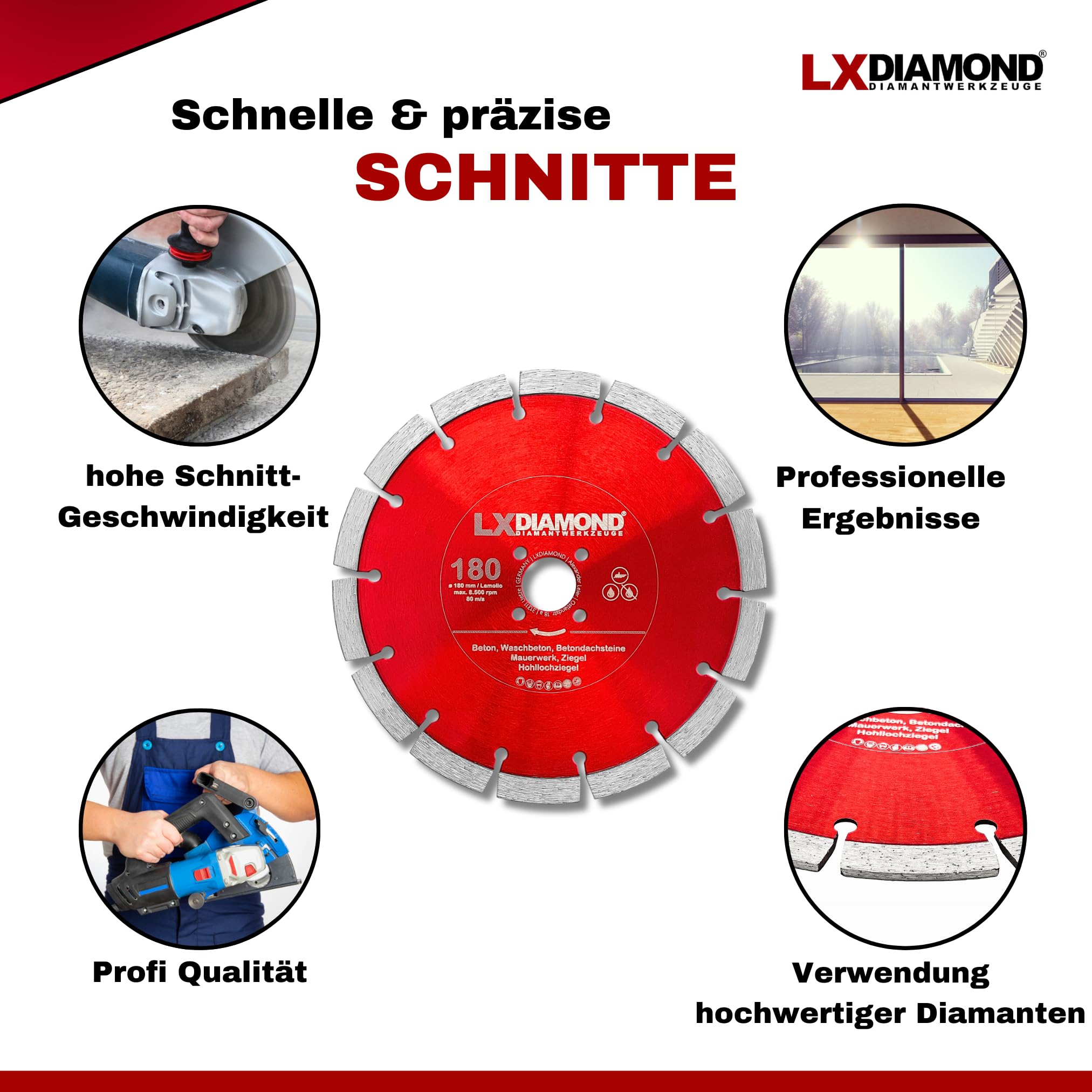 Diamant-Trennscheibe 180mm - geeignet für Beton Mauerwerk Universal - 180 mm Diamantscheibe passend für Lamello Tanga Delta S2 / Fein MF14-180 Montagefräse - in Premium Qualität