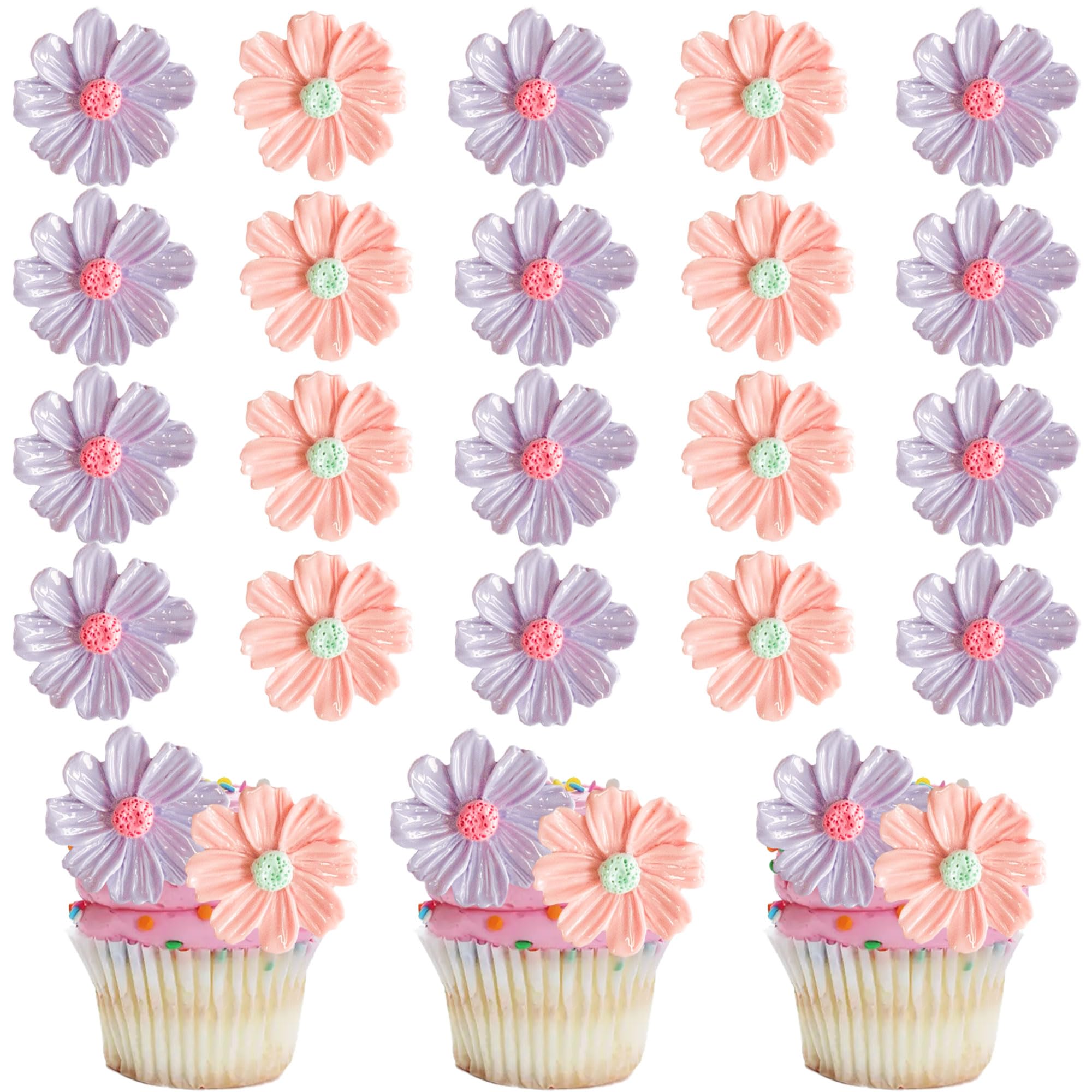 Gyufise 30Pcs Daisy Cupcake Toppers Chrysanthemum Flower Cupcake Picks Gender Reveal Cake Decorations for Baby Shower Gender Reveal Boys Girls Birthday Party Supplies Pink Purple 4