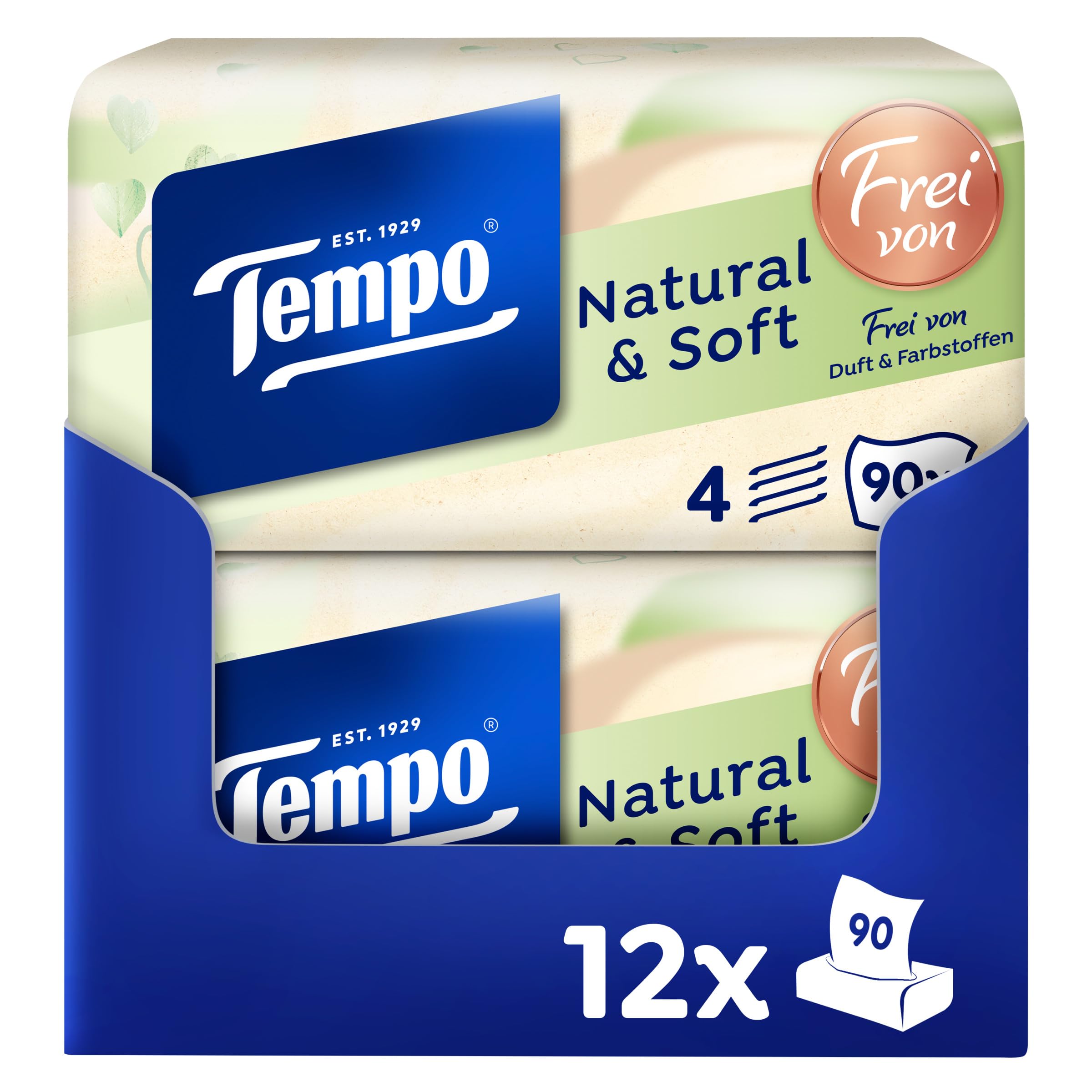 Tempo natural & soft Taschentücher Box - Megapack - 12 Boxen, 90 Tücher pro Box - natürliche, extra weiche Papiertaschentücher, waschmaschinenfest