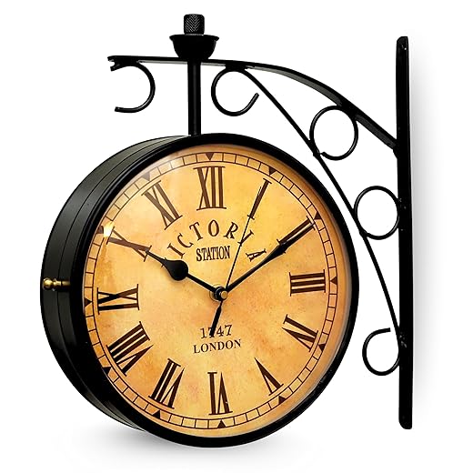 11 Inch Vintage Double Sided Wall Clock – Classic Railway Station Style, 1747 London Roman Numeral