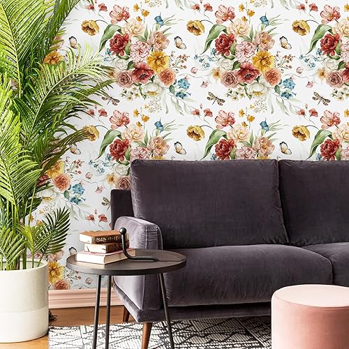 Miniatura 8 de VaryPaper Papel tapiz floral vintage para pegar y despegar y despegar Petunia Butterfly Peony Wallpaper 17.7 x 78.7 pulgadas, autoadhesivo,