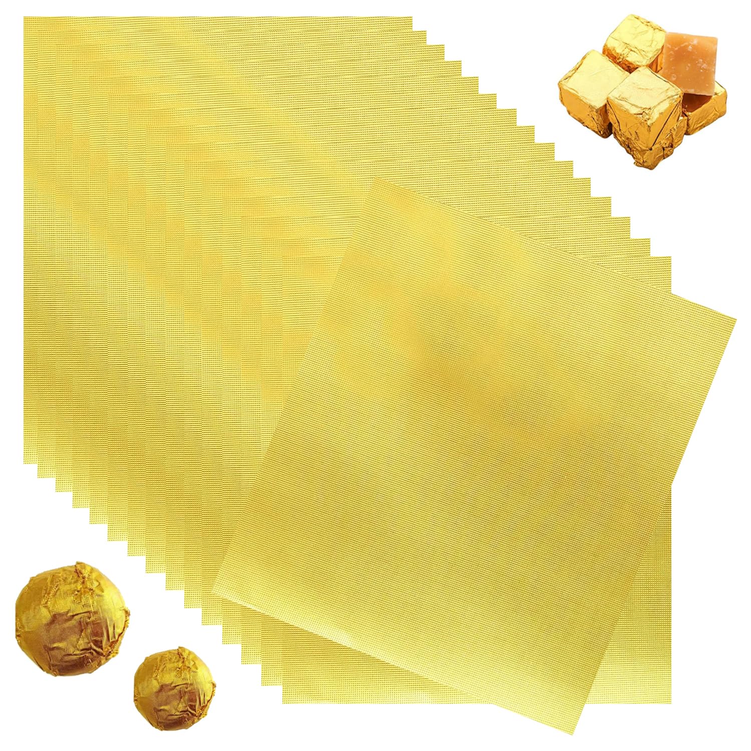 Pack of 100 Golden Aluminium Foil Paper, Foil Paper Wrapper Chocolate Packaging 7.5 x 6.3 inches, Candy Wrapper for Wrapping Sweets, Dubai Chocolates and DIY Decorative Packaging (Fine Checked)