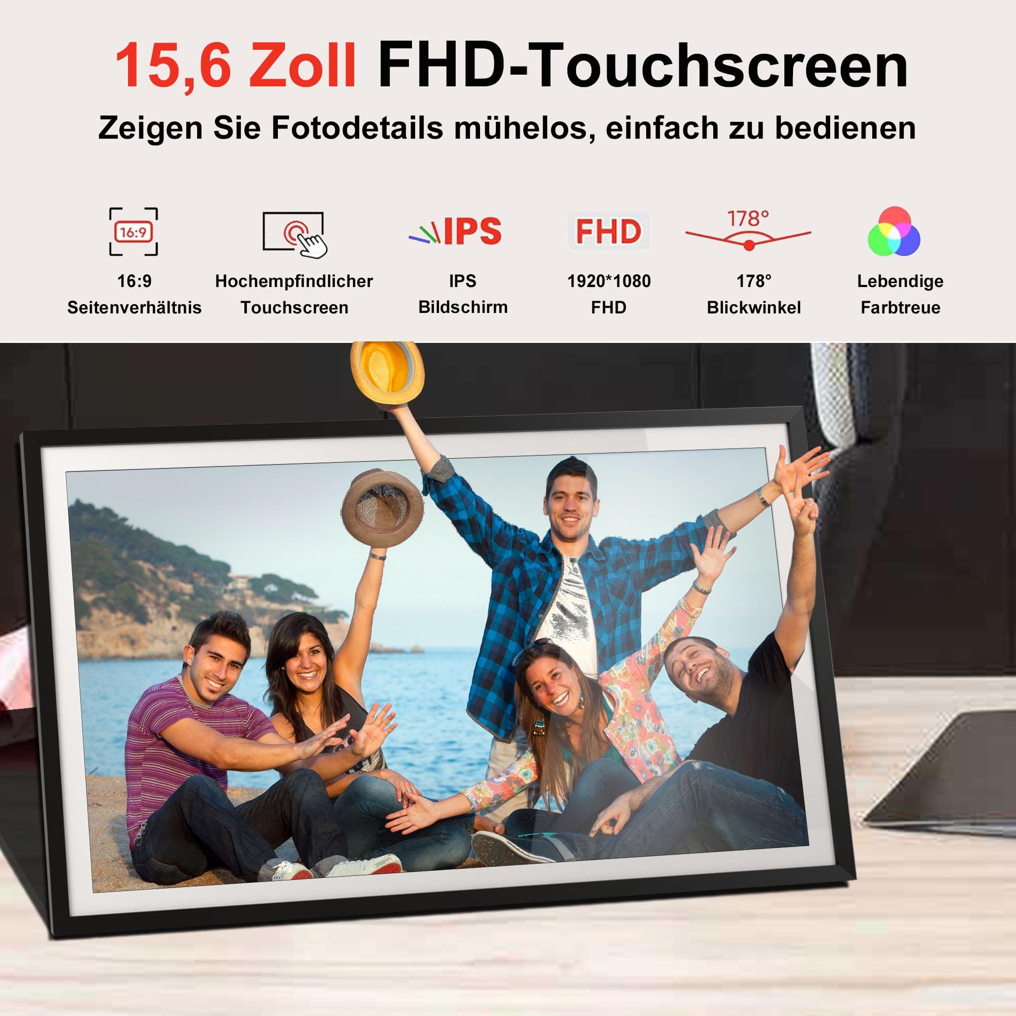Frameo Digitaler Bilderrahmen 15,6 Zoll Full-HD - WLAN Touchscreen mit App-Steuerung, Videos mit Ton, 32GB Speicher, Geschenk für Mama, Eltern und Großeltern