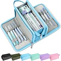 Vista 9 de Sooez - Estuche grande para lápices, bolsa de gran capacidad con 3 compartimentos, organizador portátil de papelería de lona con cremallera, lindos