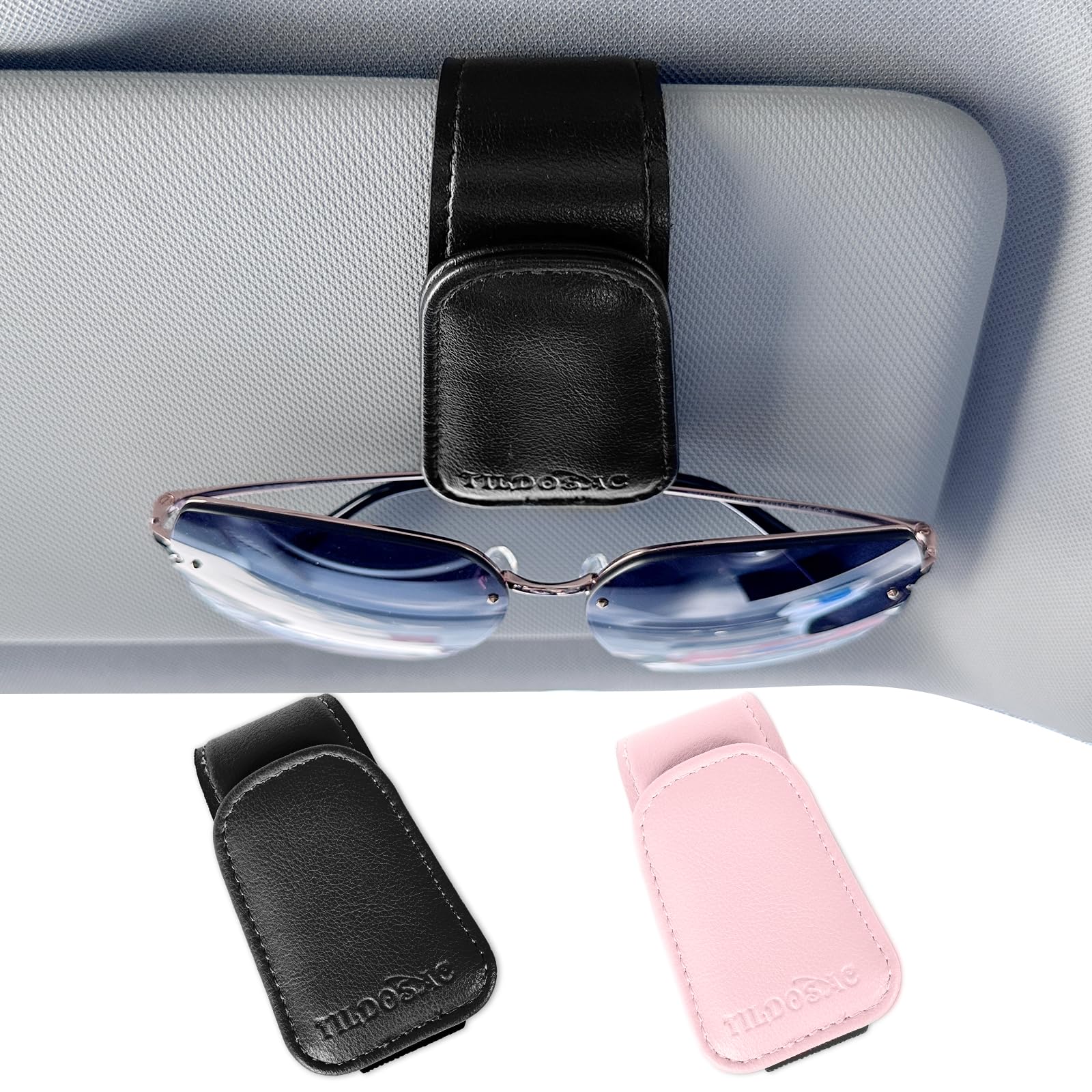 TILDOSAC Magnetic Sunglass Holder for Car Visor,Leather Glasses Holder,Vehicle Accessories Sunglasses Visor Clip for Truck 2 Pack (Black Pink)