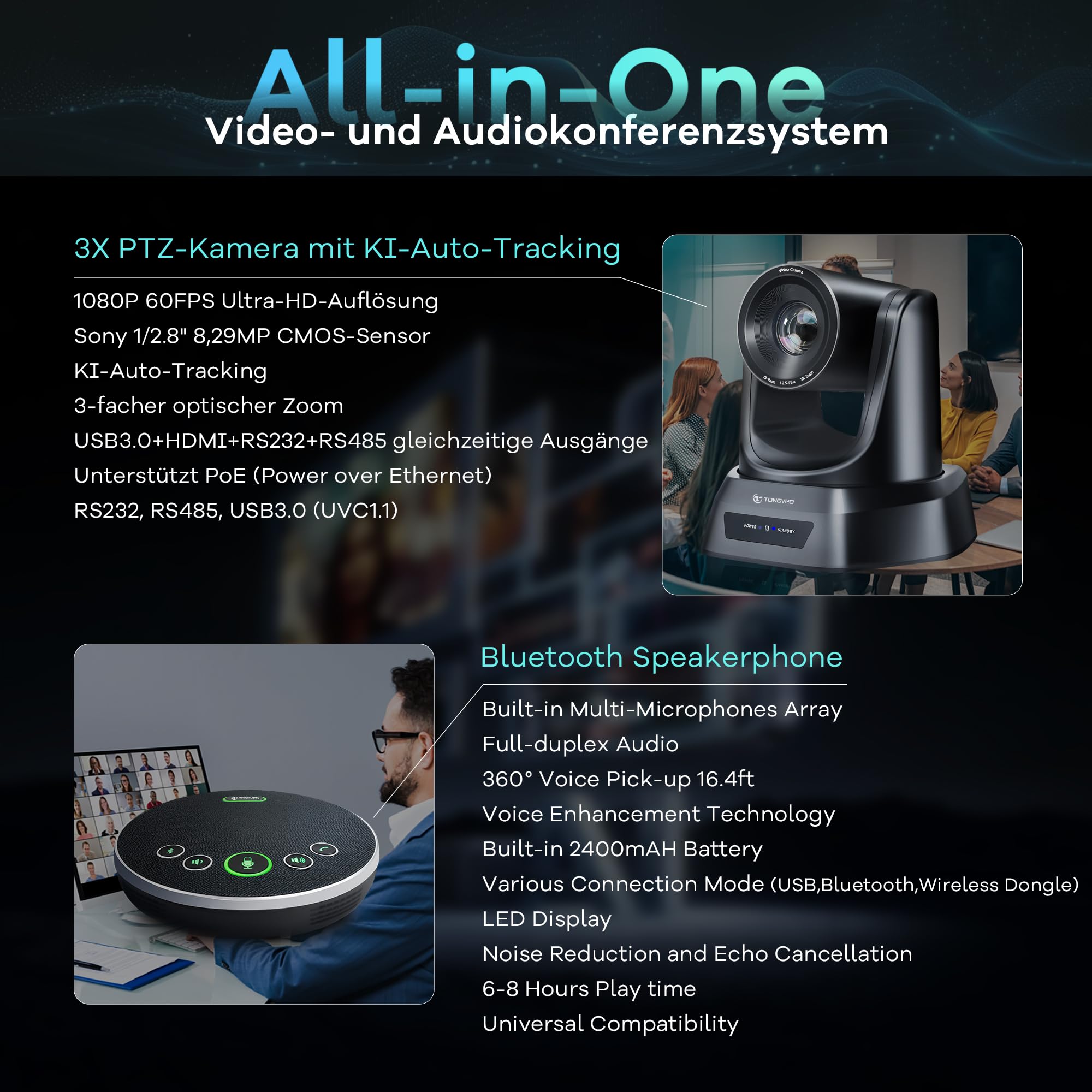 TONGVEO telecamere per sala conferenze vivavoce Bluetooth senza fili,Kit videocamera PTZ USB 3X 1080P 60fps per riunioni in chiesa Funziona con Microsoft Teams, Zoom, OBS, PC (Cam+Mic)