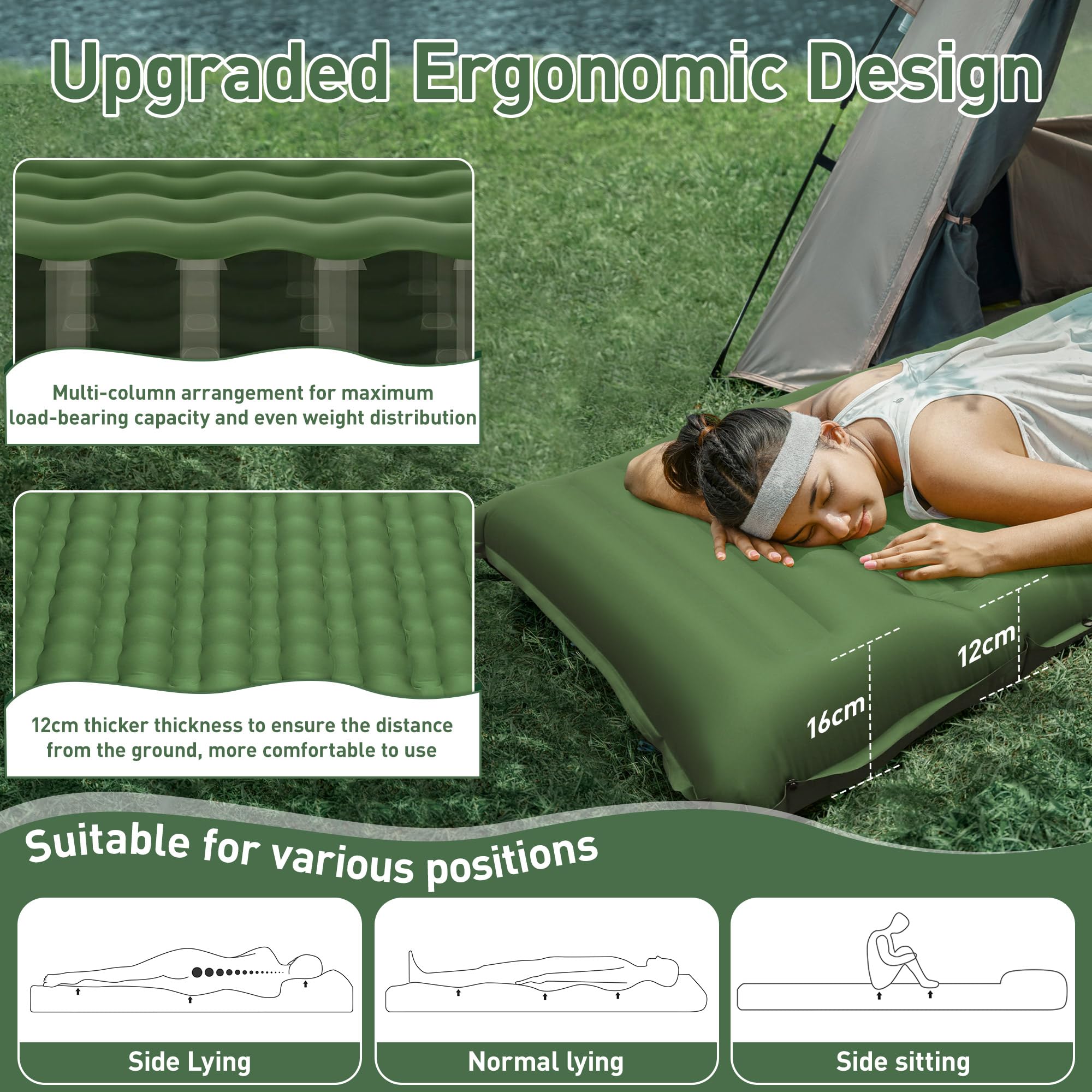 Isomatte Camping, 12CM Verdicktes Luftmatratze mit Fußpresse Pumpe,Luftverlust verhindern Aufblasbare Matratze Ultraleicht Wasserdicht Outdoor (Tannengrün)