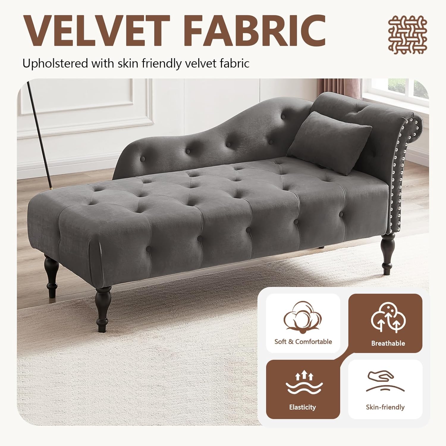Anwick Chaise Lounge Indoor Tufted Fabric, Modern Upholstered Recliner Lounge Chair for Living Room Bedroom, Sleeper Lounge Sofa (Grey)