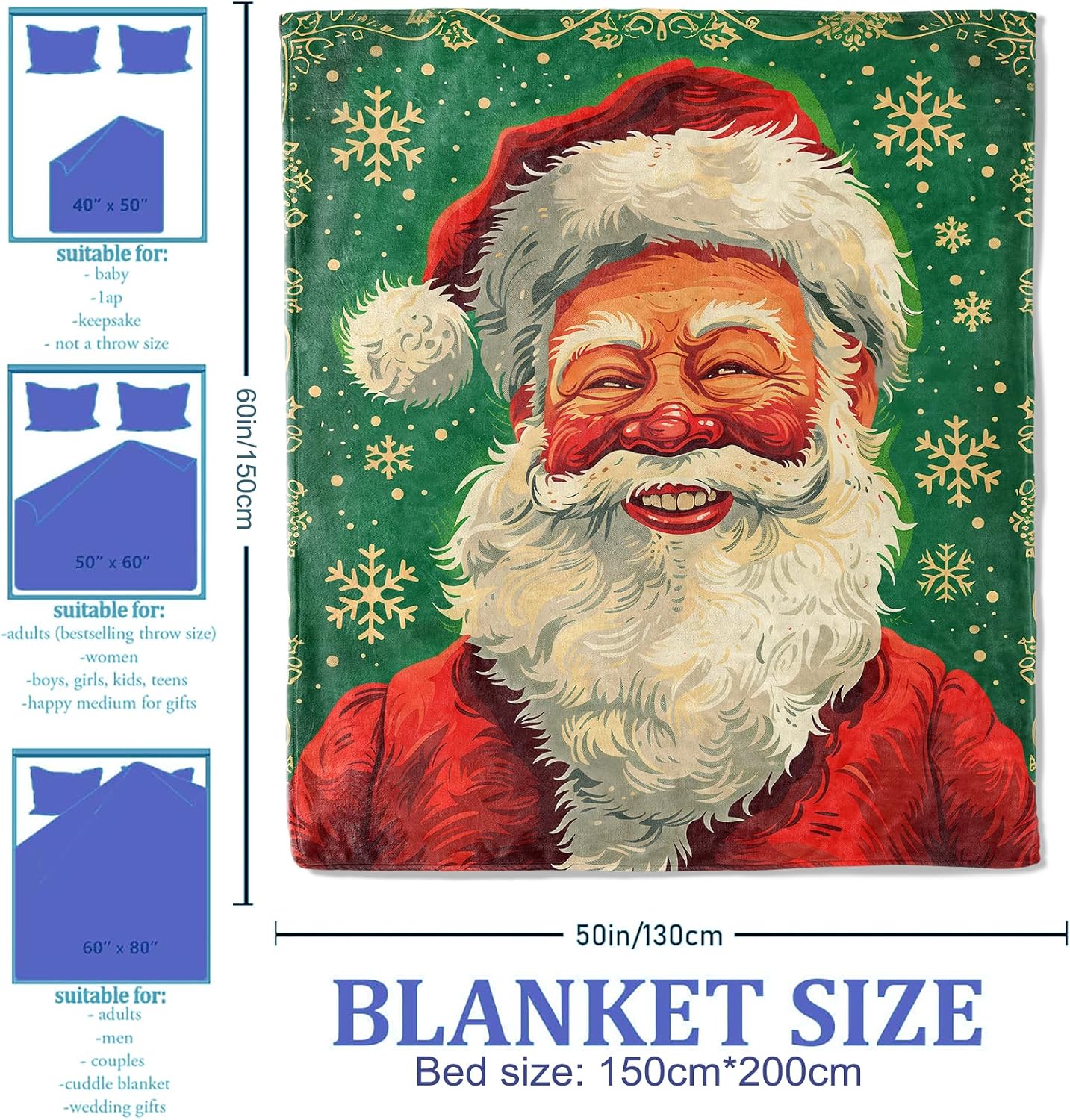 Vintage Santa Throw Blanket 50x60 Inch, Retro Christmas Blankets for Festive Home Decor, Soft Flannel Polyester Gift for Holiday Enthusiasts
