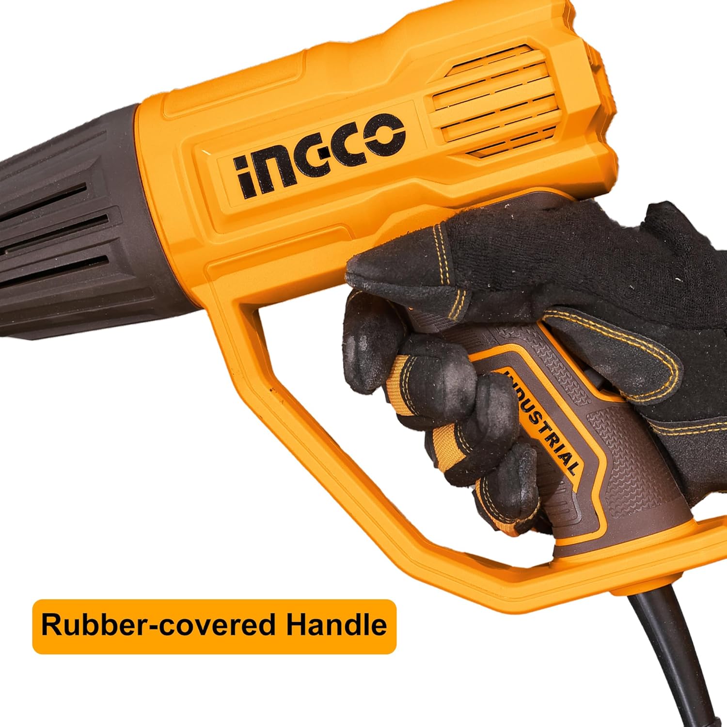 Close-up of the heat gun's rubber-covered handle
