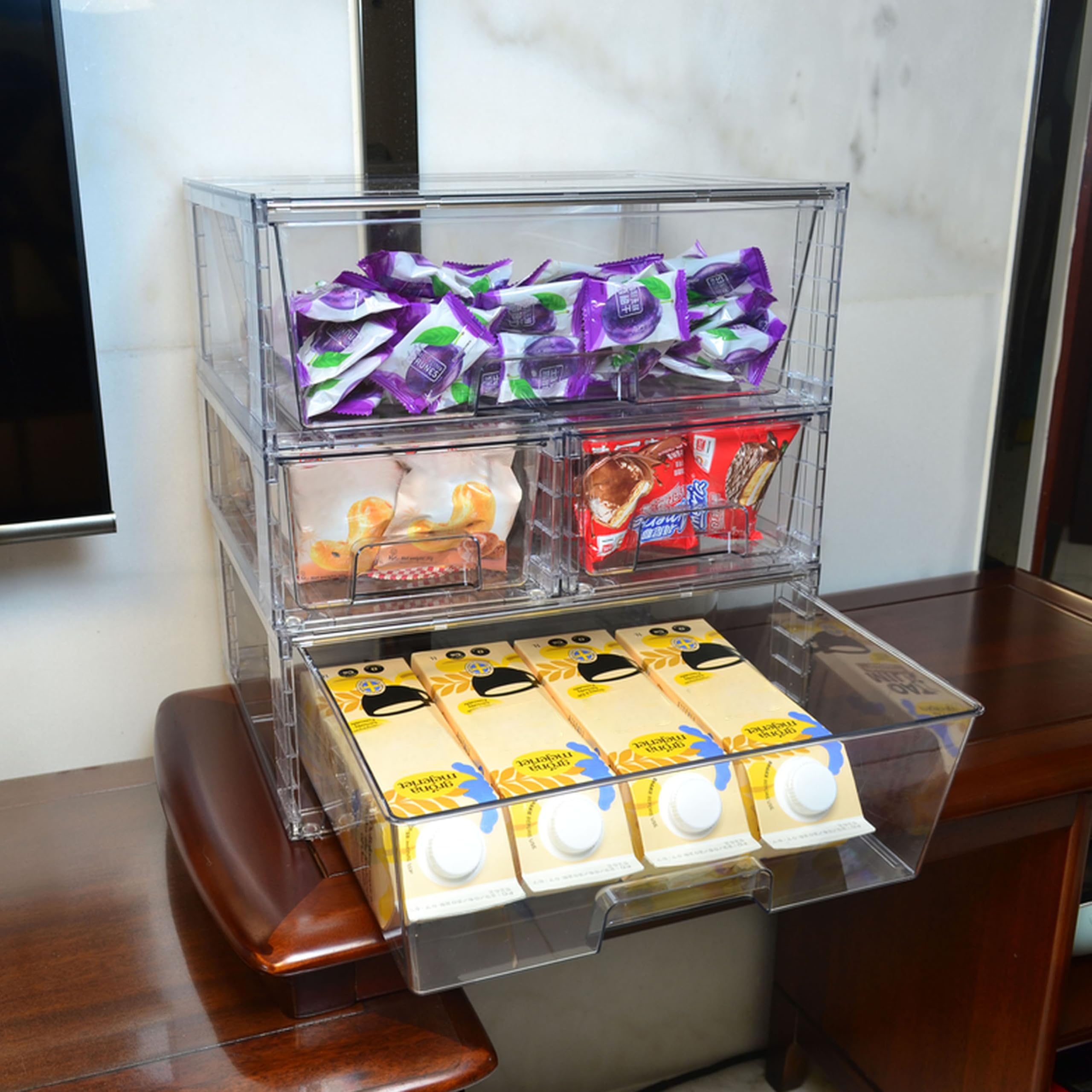 3er Set Breite Stapelbare Aufbewahrungsschubladen für Bad und Küche, Hochfeste Klare Acryl Organizer mit Griffen Einfach Zu Montierende Kunststoffboxen für Kühlschrank Schrank und Speisekammer