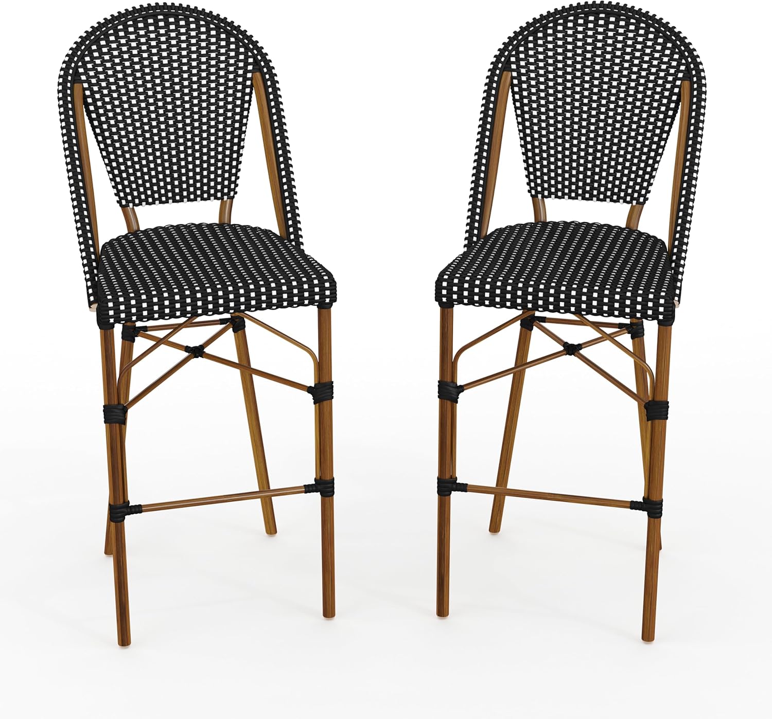 Martha Stewart Lily Pond Indoor-Outdoor Stackable Bar Stools with Natural Woodgrain Aluminum Frame Finish, Black/White Woven Rattan Backrests and Seats, Set of 2