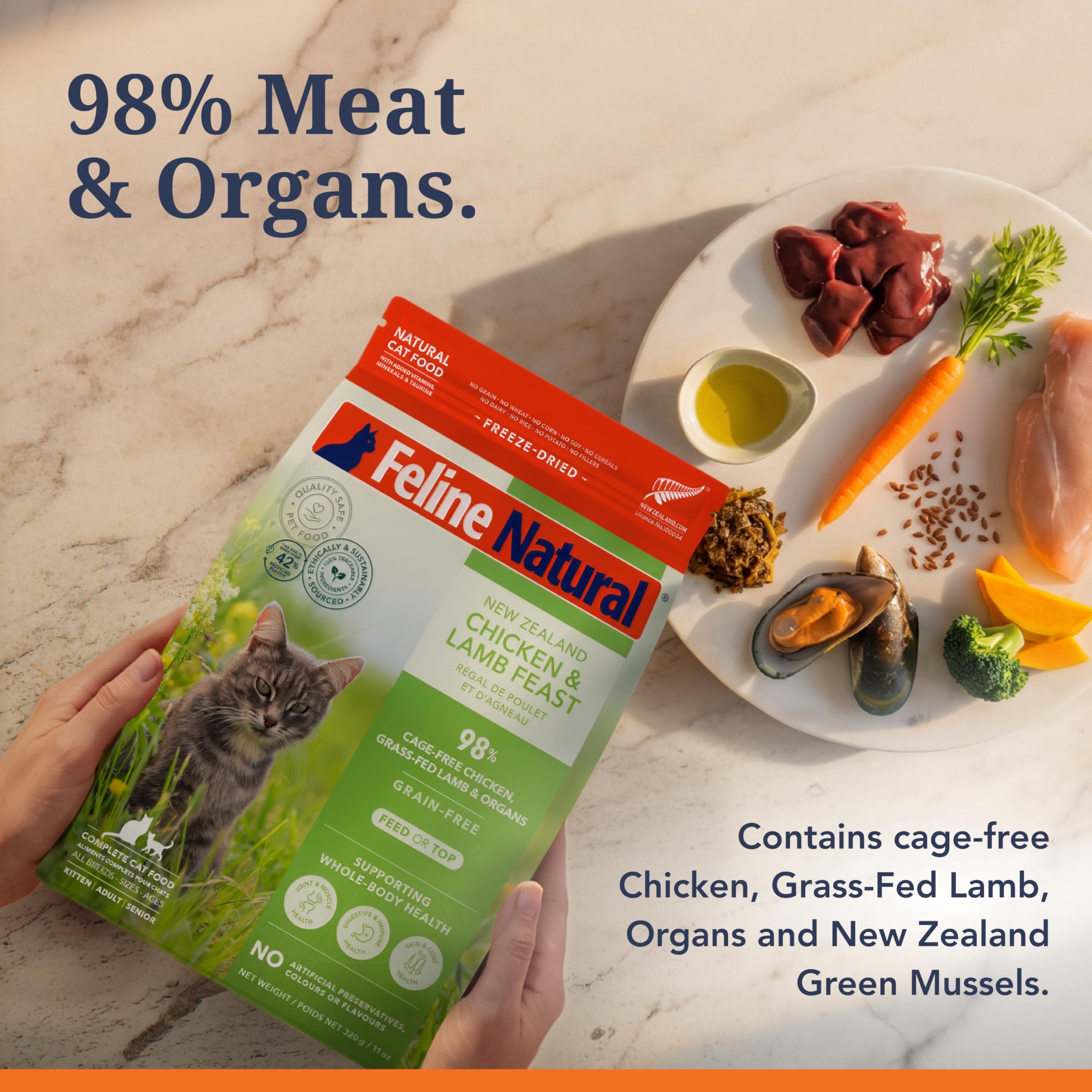 Amazon.com: Feline Natural 高蛋白乾貓糧,冷凍乾燥飲食,含98% 肉類