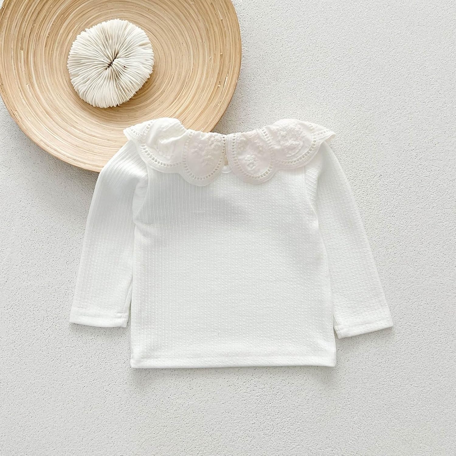 Kids Girls Long Sleeve T-Shirt Cute Peter Pan Collar Lace Patchwork Ribbed Tops Fall Clothes for Casual Daily