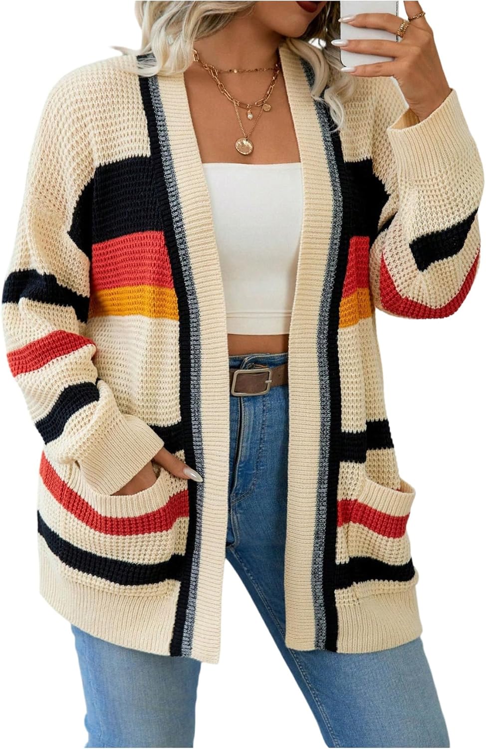 WDIRARA Women's Plus Size Striped Cardigan Sweaters Open Front Long Sleeve Loose Knit Outerwear with Pockets