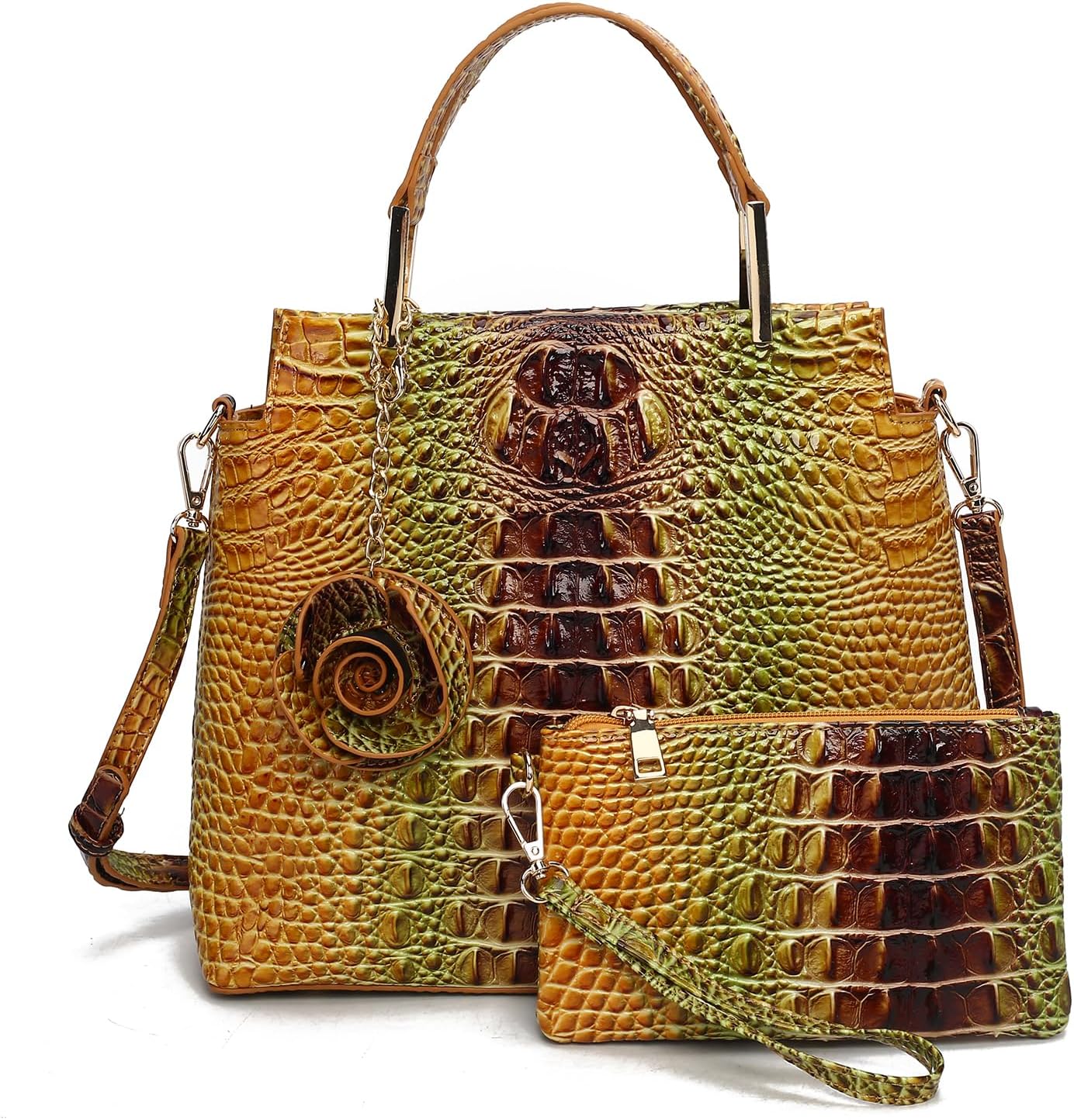 Gradient Tote Bag for Women with Wallet, 2-Piece Crocodile Purse Set, Large Structured Shoulder Bag for Work