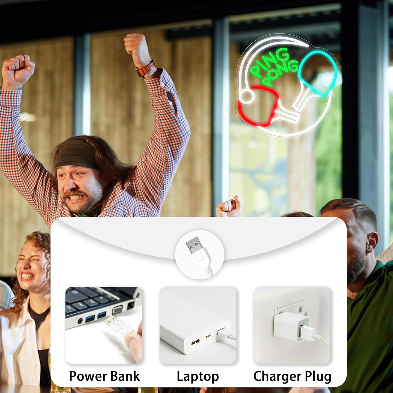 Ping Pong Neon Sign USB Powered 12.6 * 12.6 inch LED Table Tennis Neon Light for Wall Decor Play Sports Neon Signs for Game Room Gym Man Cave Home Theater