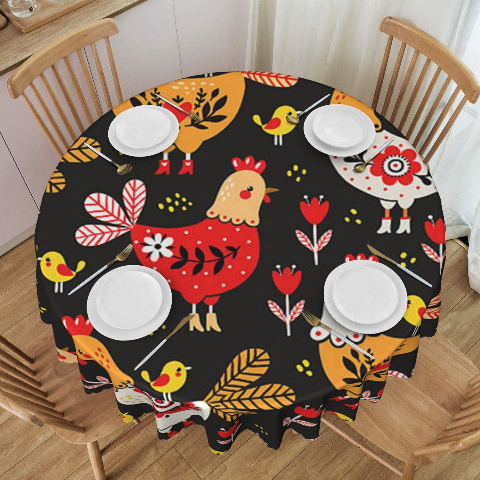 DCEHGEW 60 In Round Tablecloth with Lace, Cute Rooster Chickens Printed Oilproof & Washable Fabric Picnic Table Cloth Table Covers