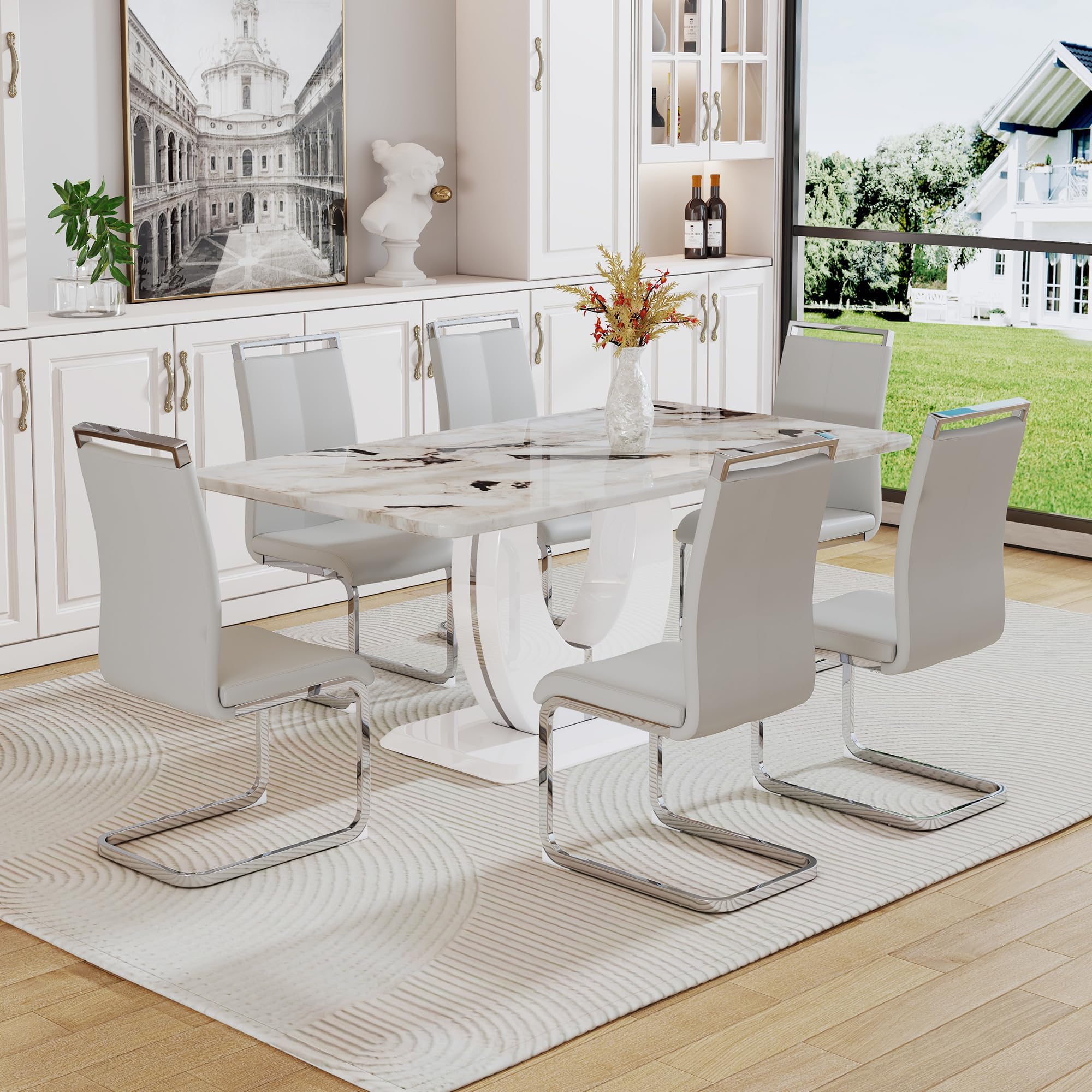 Dining Table Set for 6, Kitchen Table Chairs Set of 6, Modern Dining Room Set with 63 inch Marble Dinner Table PU Leather Upholstered Chairs for Dining Room Kitchen