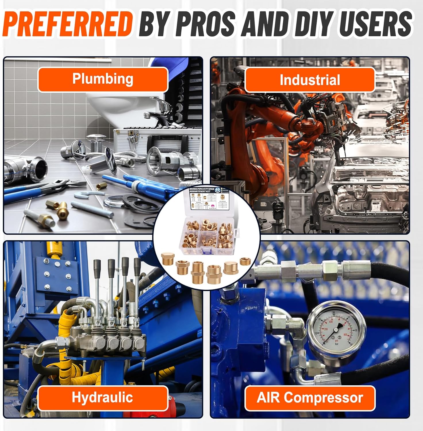 60pcs Brass Pipe Fittings Assortment Kit,Reducer Bushing,Hex Nipple,Reducing Hex Coupling,Hex Heand Plug,End Cap and Socket Plug Fitting Kit