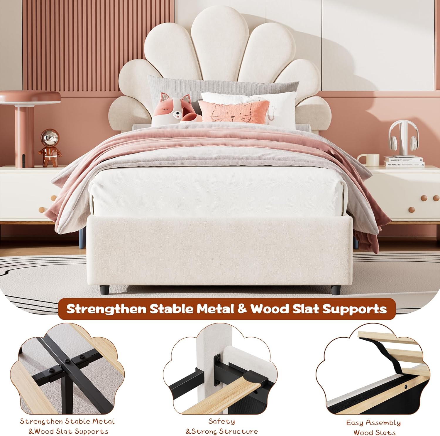 Twin Size Bed Frame for Kids - with 2 Storage Drawers, Cute Velvet Princess Platform Bed with Upholstered Headboard for Girls/Boys, Solid Wood Slats Support, No Box Spring Needed, Easy Assembly, White