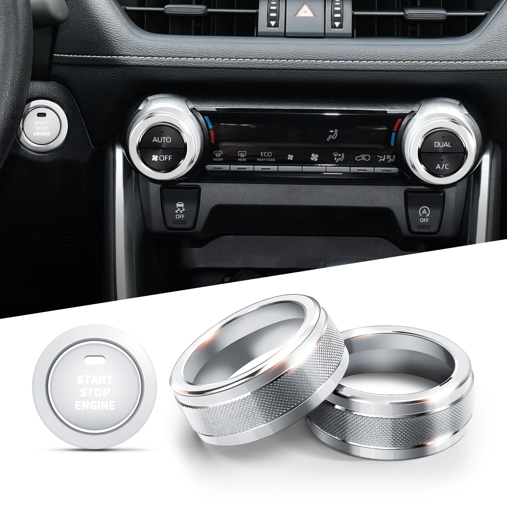 Polodunn for Toyota RAV4 Accessories 2025 2024 2023 2022 2021 2020 2019 -Air Conditioning Knob Covers, Push Start Button Cover Trim Rings 4pcs (Silver)