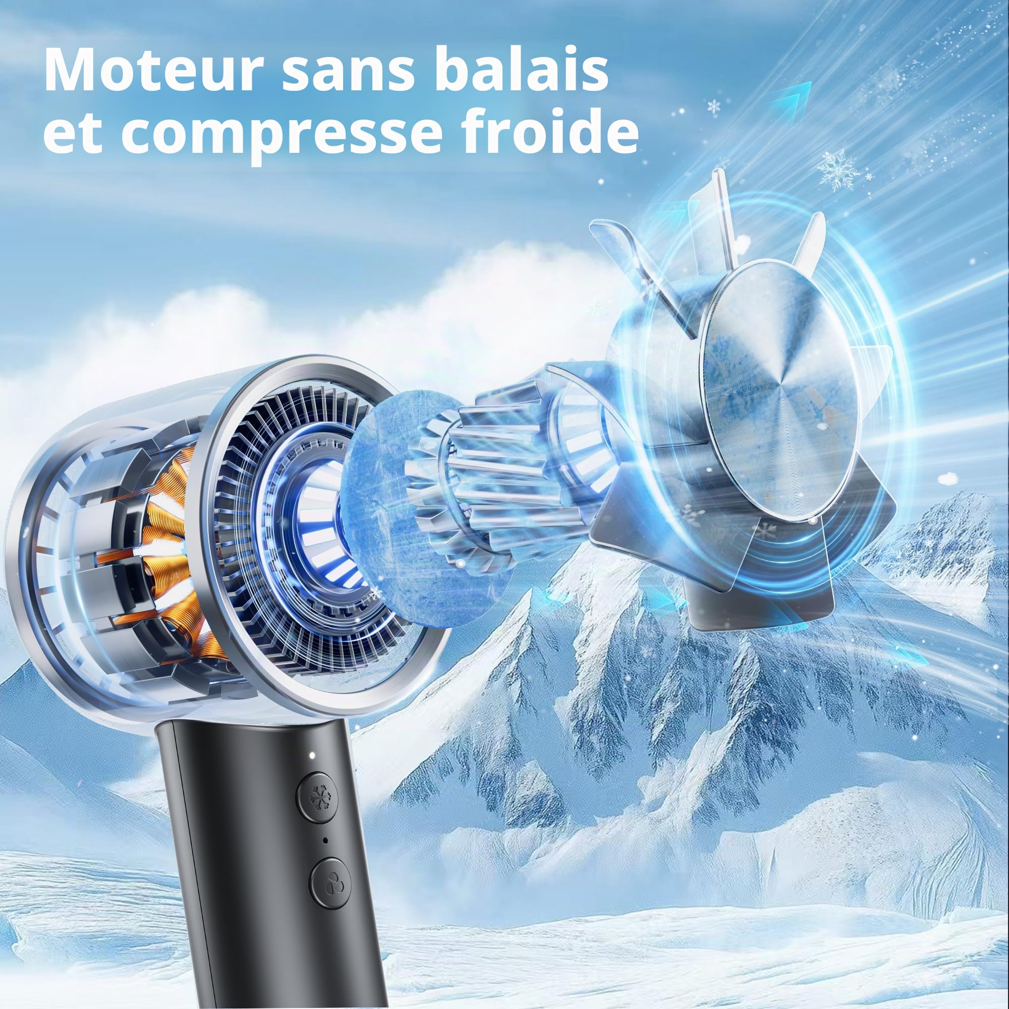 OUILA 4000mAh Mini Ventilateur Portable avec Fonction de Compresse Froide et Crochet en D, Rechargeable à 5 Vitesses Petit Ventilateur de poche pour Bureau Maison Extérieur