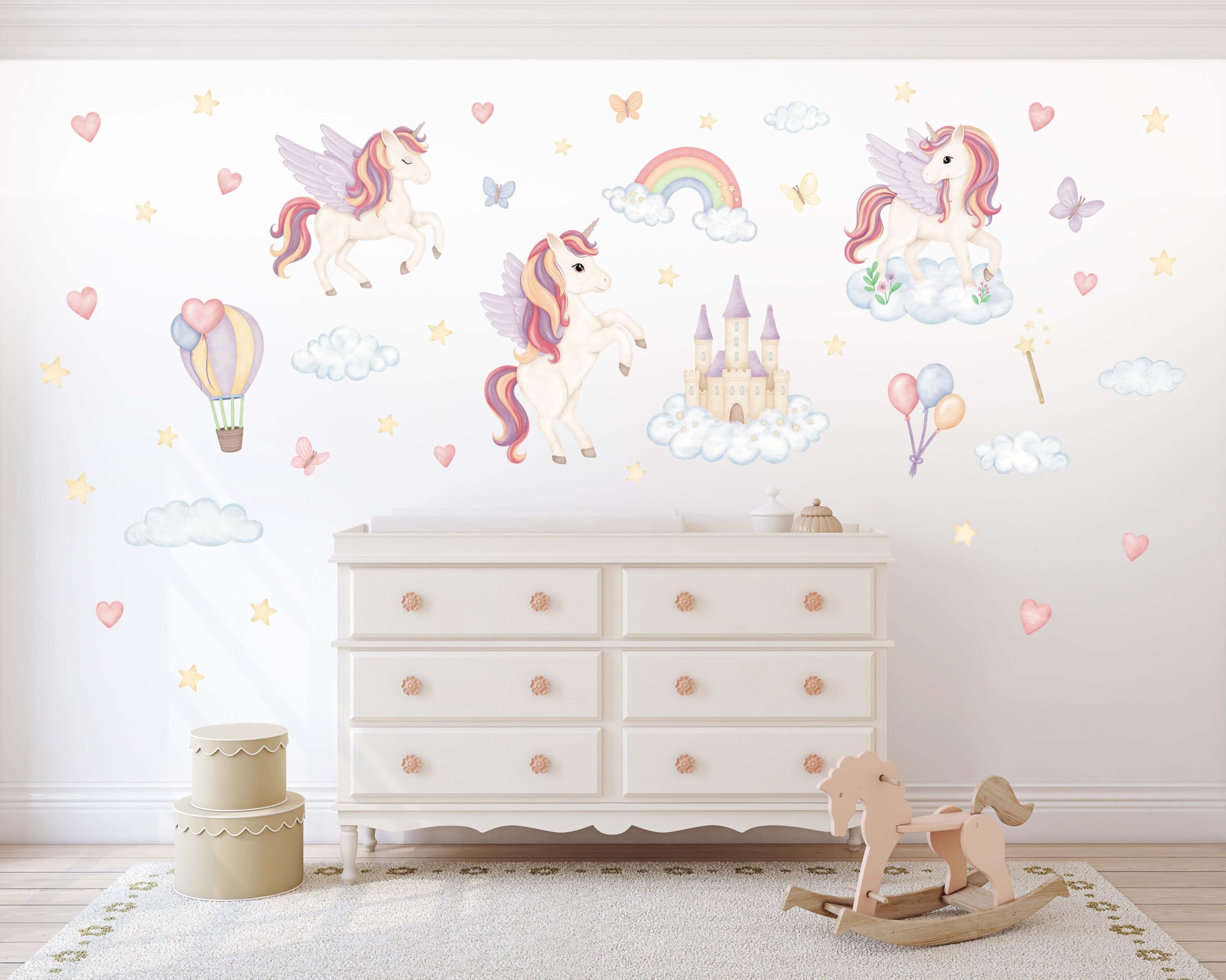 Wandtattoo Kinderzimmer Einhörner - Kinderzimmer Deko 50 separate Aufkleber - Wandtattoo Kinderzimmer Sicher für Kinder - Wanddeko Pastellfarbene, Rosa, Violette - Magische Einhörner
