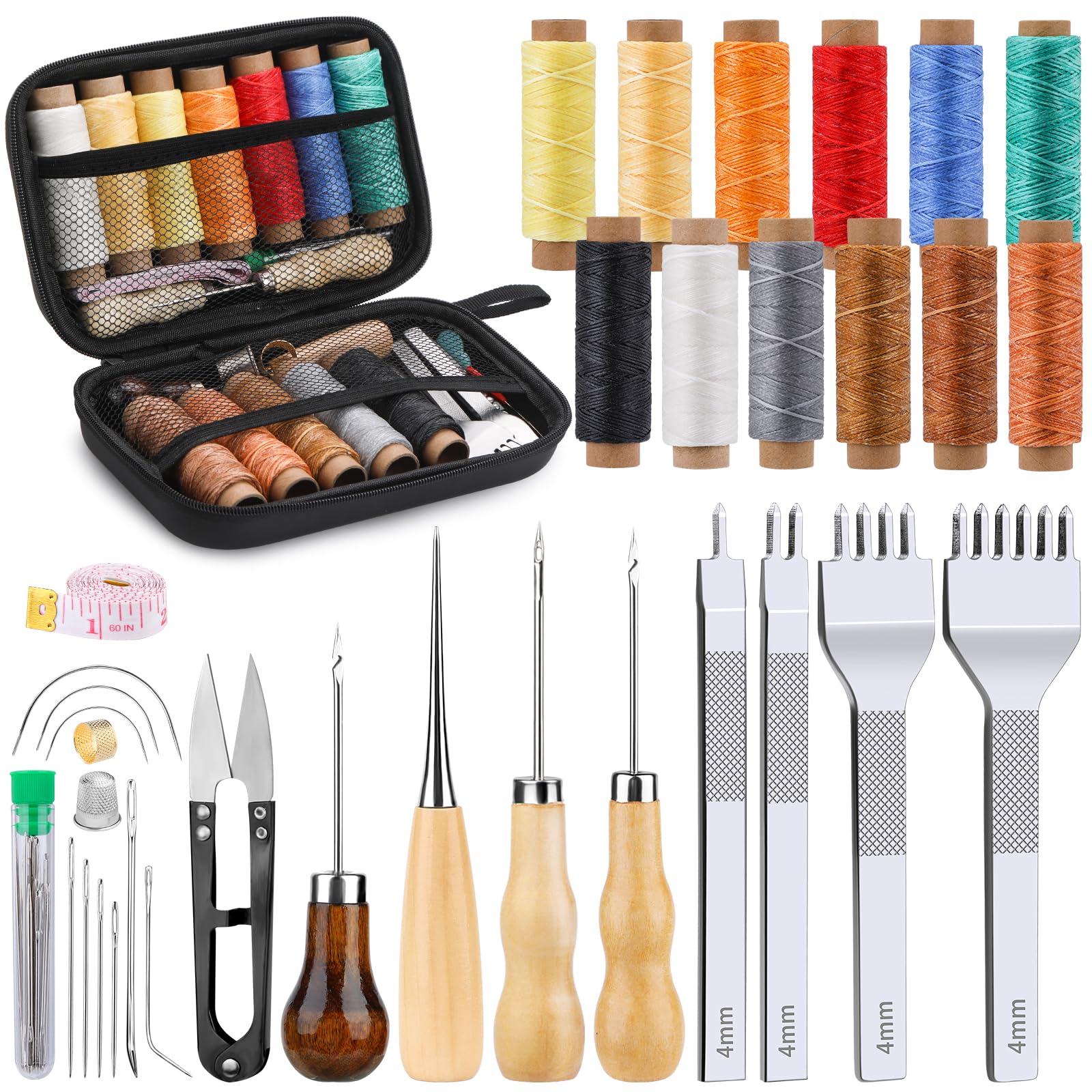 MORFEN - Kit de costura de 56 piezas para punzones de cuero con punta de 4 mm, hilo encerado, agujas de coser a mano, herramientas de marroquinería para principiantes, manualidades de cuero DIY