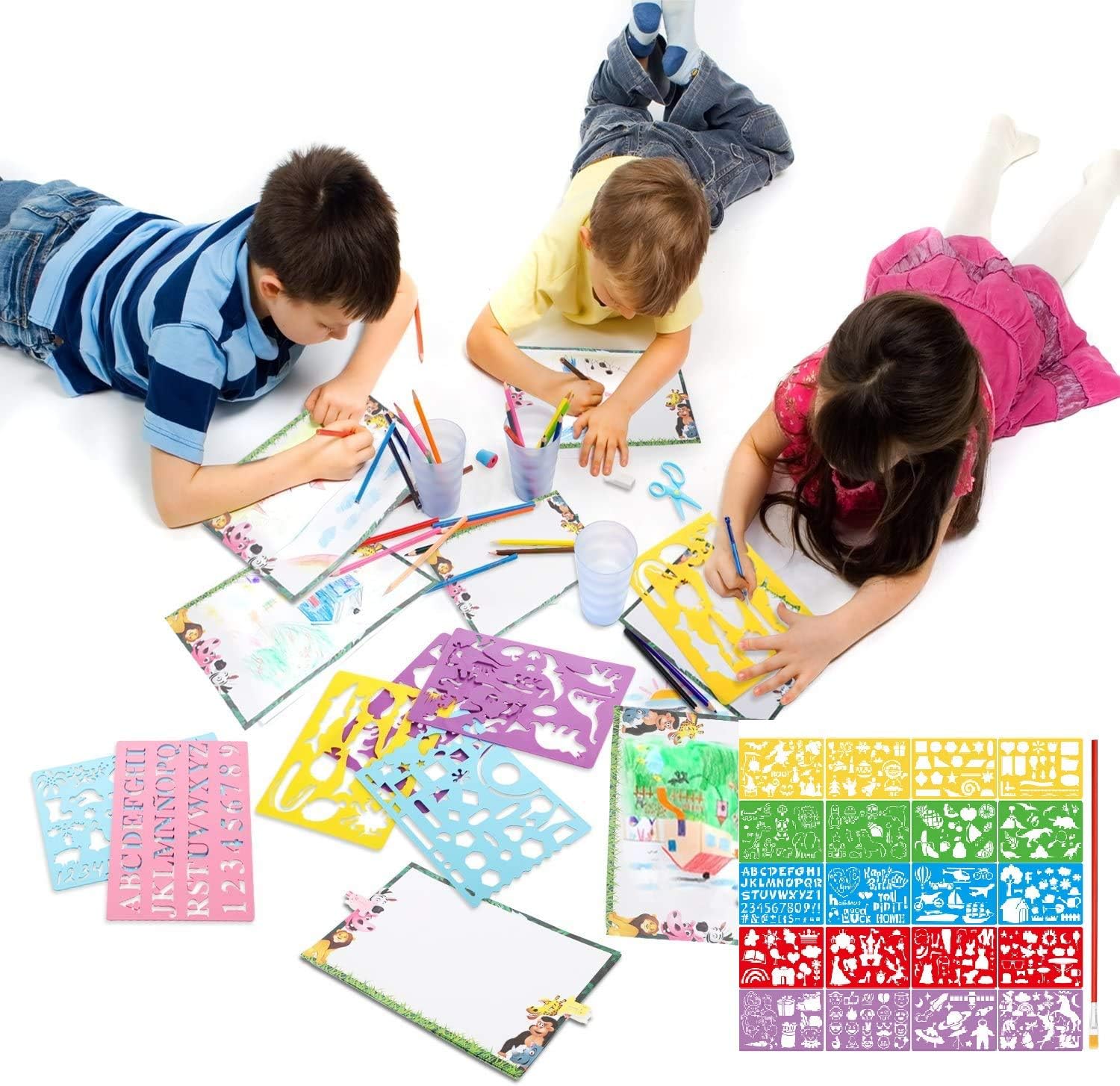 21 Pcs Drawing Painting Stencils Set Stocking Stuffers for Kids, Plastic Painting Template Over 300 Different Patterns with 1 Pcs Painting Brush for Crafts Valentine Day Gift for Kids