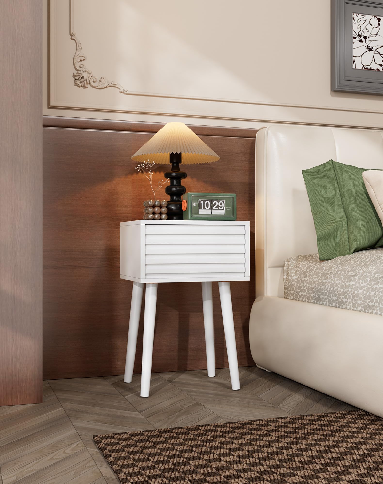 YMYNY Nachttisch 2er Set, Beistelltisch, Mid-Century-Modern Nachtschrank mit Drucktüröffner, Massivholz Beinen, 35x27x53 cm, Sofatisch, Couchtisch für Wohnzimmer, Schlafzimmer Weiß HST018W-2