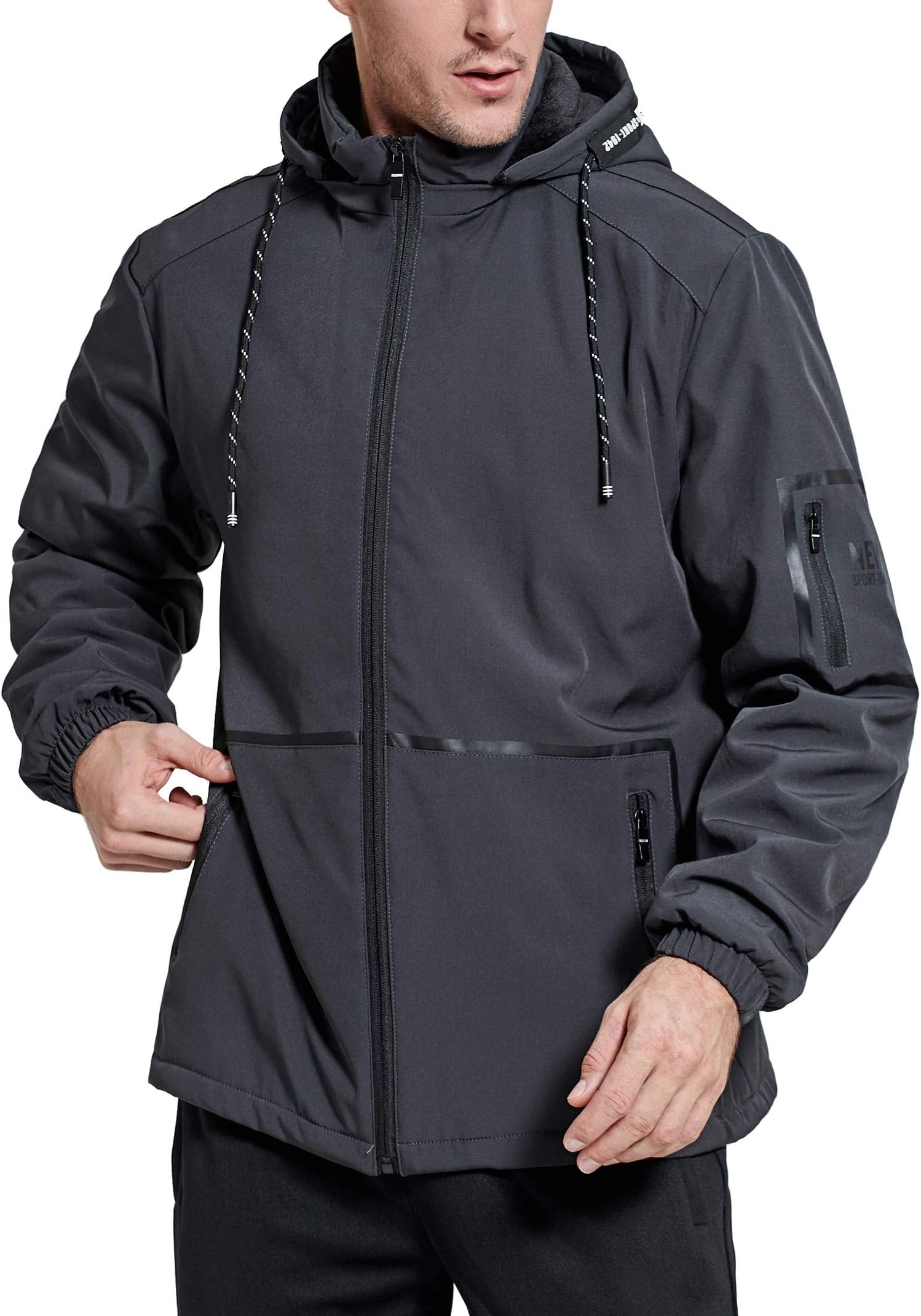 Men's Hooded Jacket Hiking Lightweight Fleece Lined Outdoor Waterproof Rain Coat Grey XL